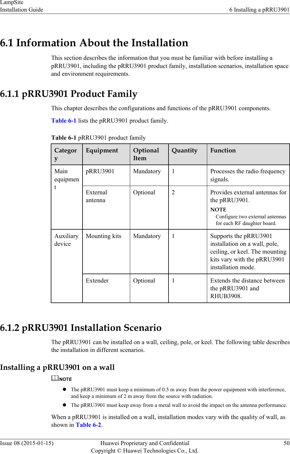 6.1 Information About the InstallationThis section describes the information that you must be familiar with before installing apRRU3901, including the pRRU3901 product family, installation scenarios, installation spaceand environment requirements.6.1.1 pRRU3901 Product FamilyThis chapter describes the configurations and functions of the pRRU3901 components.Table 6-1 lists the pRRU3901 product family.Table 6-1 pRRU3901 product familyCategoryEquipment OptionalItemQuantity FunctionMainequipmentpRRU3901 Mandatory 1 Processes the radio frequencysignals.ExternalantennaOptional 2 Provides external antennas forthe pRRU3901.NOTEConfigure two external antennasfor each RF daughter board.AuxiliarydeviceMounting kits Mandatory 1 Supports the pRRU3901installation on a wall, pole,ceiling, or keel. The mountingkits vary with the pRRU3901installation mode.Extender Optional 1 Extends the distance betweenthe pRRU3901 andRHUB3908. 6.1.2 pRRU3901 Installation ScenarioThe pRRU3901 can be installed on a wall, ceiling, pole, or keel. The following table describesthe installation in different scenarios.Installing a pRRU3901 on a wallNOTElThe pRRU3901 must keep a minimum of 0.5 m away from the power equipment with interference,and keep a minimum of 2 m away from the source with radiation.lThe pRRU3901 must keep away from a metal wall to avoid the impact on the antenna performance.When a pRRU3901 is installed on a wall, installation modes vary with the quality of wall, asshown in Table 6-2.LampSiteInstallation Guide 6 Installing a pRRU3901Issue 08 (2015-01-15) Huawei Proprietary and ConfidentialCopyright © Huawei Technologies Co., Ltd.50