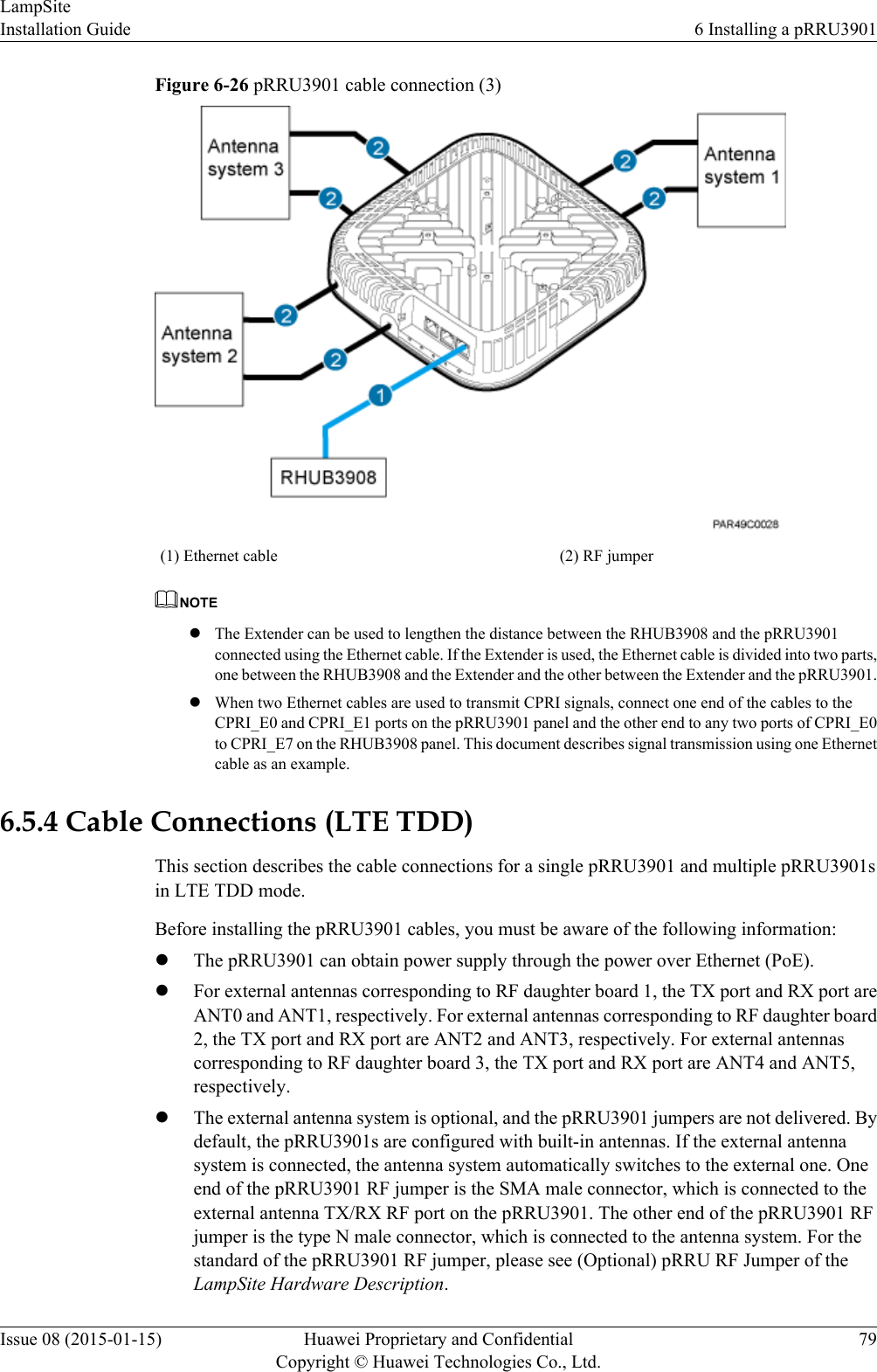 Figure 6-26 pRRU3901 cable connection (3)(1) Ethernet cable (2) RF jumperNOTElThe Extender can be used to lengthen the distance between the RHUB3908 and the pRRU3901connected using the Ethernet cable. If the Extender is used, the Ethernet cable is divided into two parts,one between the RHUB3908 and the Extender and the other between the Extender and the pRRU3901.lWhen two Ethernet cables are used to transmit CPRI signals, connect one end of the cables to theCPRI_E0 and CPRI_E1 ports on the pRRU3901 panel and the other end to any two ports of CPRI_E0to CPRI_E7 on the RHUB3908 panel. This document describes signal transmission using one Ethernetcable as an example.6.5.4 Cable Connections (LTE TDD)This section describes the cable connections for a single pRRU3901 and multiple pRRU3901sin LTE TDD mode.Before installing the pRRU3901 cables, you must be aware of the following information:lThe pRRU3901 can obtain power supply through the power over Ethernet (PoE).lFor external antennas corresponding to RF daughter board 1, the TX port and RX port areANT0 and ANT1, respectively. For external antennas corresponding to RF daughter board2, the TX port and RX port are ANT2 and ANT3, respectively. For external antennascorresponding to RF daughter board 3, the TX port and RX port are ANT4 and ANT5,respectively.lThe external antenna system is optional, and the pRRU3901 jumpers are not delivered. Bydefault, the pRRU3901s are configured with built-in antennas. If the external antennasystem is connected, the antenna system automatically switches to the external one. Oneend of the pRRU3901 RF jumper is the SMA male connector, which is connected to theexternal antenna TX/RX RF port on the pRRU3901. The other end of the pRRU3901 RFjumper is the type N male connector, which is connected to the antenna system. For thestandard of the pRRU3901 RF jumper, please see (Optional) pRRU RF Jumper of theLampSite Hardware Description.LampSiteInstallation Guide 6 Installing a pRRU3901Issue 08 (2015-01-15) Huawei Proprietary and ConfidentialCopyright © Huawei Technologies Co., Ltd.79