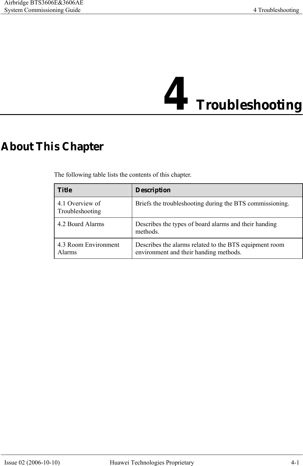 Airbridge BTS3606E&amp;3606AE System Commissioning Guide  4 Troubleshooting Issue 02 (2006-10-10)  Huawei Technologies Proprietary  4-1 4 Troubleshooting About This Chapter The following table lists the contents of this chapter. Title  Description 4.1 Overview of Troubleshooting Briefs the troubleshooting during the BTS commissioning.   4.2 Board Alarms  Describes the types of board alarms and their handing methods. 4.3 Room Environment Alarms Describes the alarms related to the BTS equipment room environment and their handing methods.  
