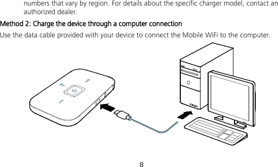  8 numbers that vary by region. For details about the specific charger model, contact an authorized dealer. Method 2: Charge the device through a computer connection Use the data cable provided with your device to connect the Mobile WiFi to the computer.  