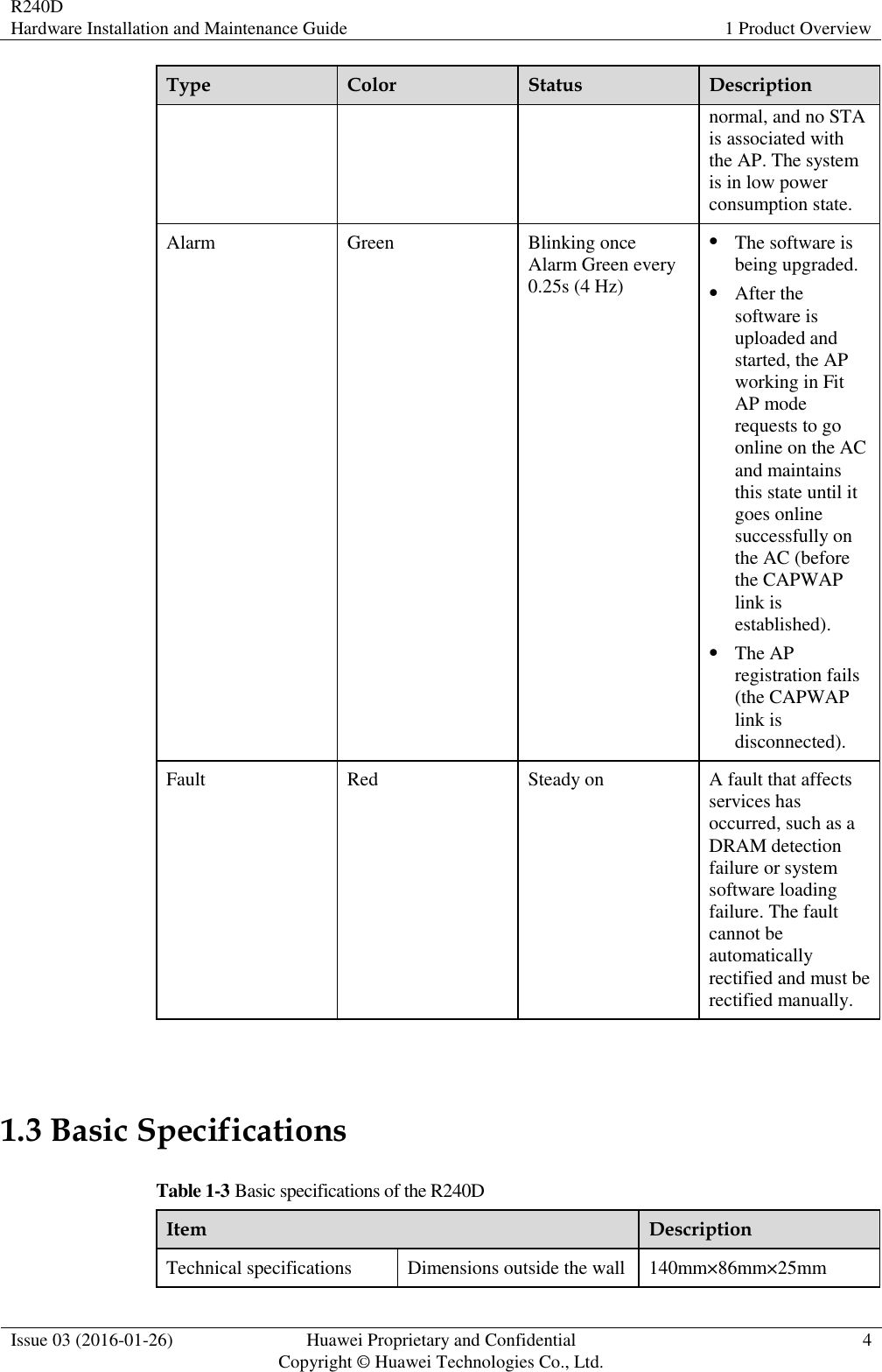 R240D Hardware Installation and Maintenance Guide 1 Product Overview  Issue 03 (2016-01-26) Huawei Proprietary and Confidential                                     Copyright © Huawei Technologies Co., Ltd. 4  Type Color Status Description normal, and no STA is associated with the AP. The system is in low power consumption state. Alarm Green Blinking once Alarm Green every 0.25s (4 Hz)  The software is being upgraded.  After the software is uploaded and started, the AP working in Fit AP mode requests to go online on the AC and maintains this state until it goes online successfully on the AC (before the CAPWAP link is established).  The AP registration fails (the CAPWAP link is disconnected). Fault Red Steady on A fault that affects services has occurred, such as a DRAM detection failure or system software loading failure. The fault cannot be automatically rectified and must be rectified manually.  1.3 Basic Specifications Table 1-3 Basic specifications of the R240D Item Description Technical specifications Dimensions outside the wall 140mm×86mm×25mm 