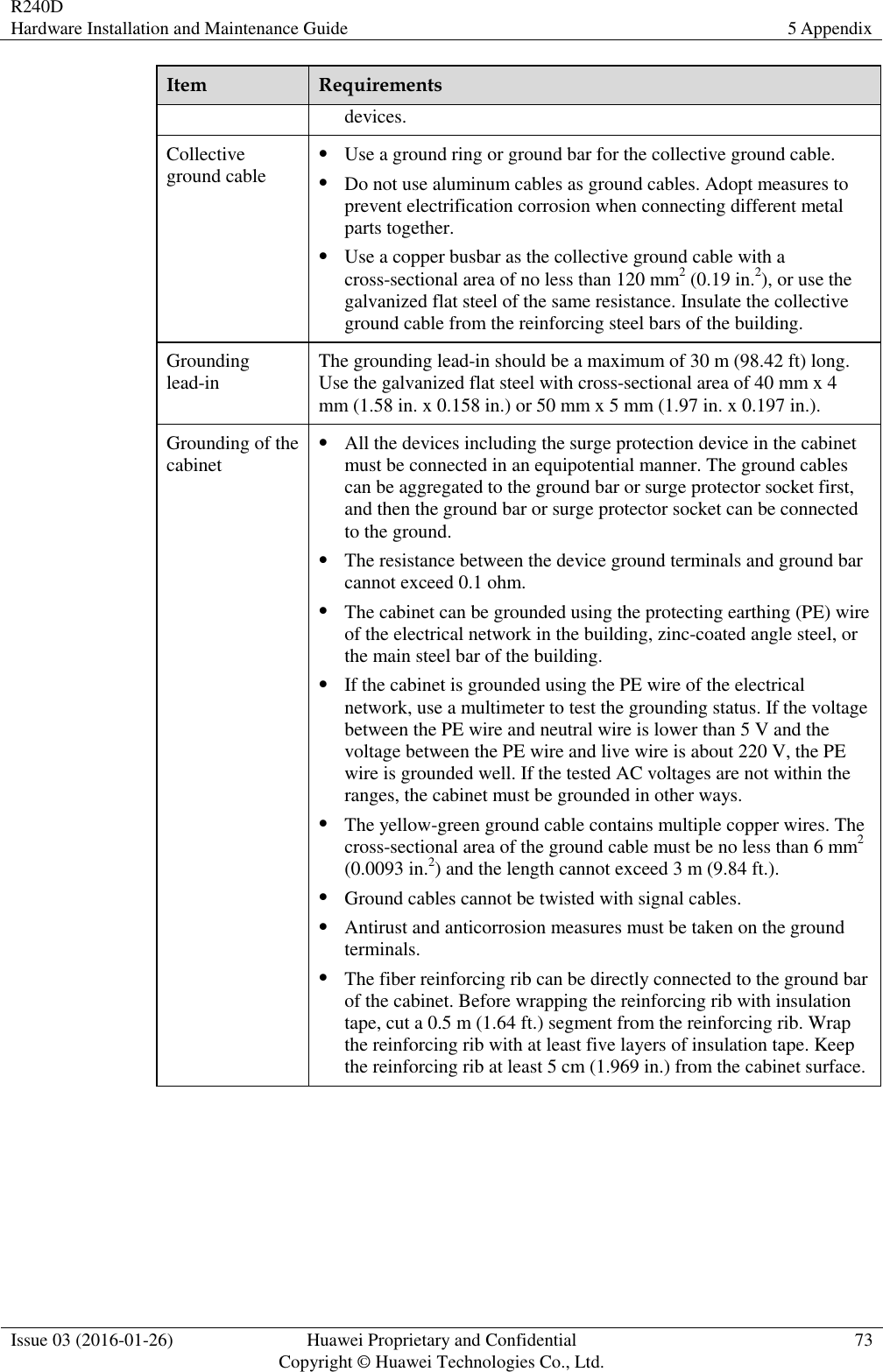 R240D Hardware Installation and Maintenance Guide 5 Appendix  Issue 03 (2016-01-26) Huawei Proprietary and Confidential                                     Copyright © Huawei Technologies Co., Ltd. 73  Item Requirements devices. Collective ground cable  Use a ground ring or ground bar for the collective ground cable.  Do not use aluminum cables as ground cables. Adopt measures to prevent electrification corrosion when connecting different metal parts together.  Use a copper busbar as the collective ground cable with a cross-sectional area of no less than 120 mm2 (0.19 in.2), or use the galvanized flat steel of the same resistance. Insulate the collective ground cable from the reinforcing steel bars of the building. Grounding lead-in The grounding lead-in should be a maximum of 30 m (98.42 ft) long. Use the galvanized flat steel with cross-sectional area of 40 mm x 4 mm (1.58 in. x 0.158 in.) or 50 mm x 5 mm (1.97 in. x 0.197 in.). Grounding of the cabinet  All the devices including the surge protection device in the cabinet must be connected in an equipotential manner. The ground cables can be aggregated to the ground bar or surge protector socket first, and then the ground bar or surge protector socket can be connected to the ground.  The resistance between the device ground terminals and ground bar cannot exceed 0.1 ohm.  The cabinet can be grounded using the protecting earthing (PE) wire of the electrical network in the building, zinc-coated angle steel, or the main steel bar of the building.    If the cabinet is grounded using the PE wire of the electrical network, use a multimeter to test the grounding status. If the voltage between the PE wire and neutral wire is lower than 5 V and the voltage between the PE wire and live wire is about 220 V, the PE wire is grounded well. If the tested AC voltages are not within the ranges, the cabinet must be grounded in other ways.  The yellow-green ground cable contains multiple copper wires. The cross-sectional area of the ground cable must be no less than 6 mm2 (0.0093 in.2) and the length cannot exceed 3 m (9.84 ft.).  Ground cables cannot be twisted with signal cables.  Antirust and anticorrosion measures must be taken on the ground terminals.  The fiber reinforcing rib can be directly connected to the ground bar of the cabinet. Before wrapping the reinforcing rib with insulation tape, cut a 0.5 m (1.64 ft.) segment from the reinforcing rib. Wrap the reinforcing rib with at least five layers of insulation tape. Keep the reinforcing rib at least 5 cm (1.969 in.) from the cabinet surface.  