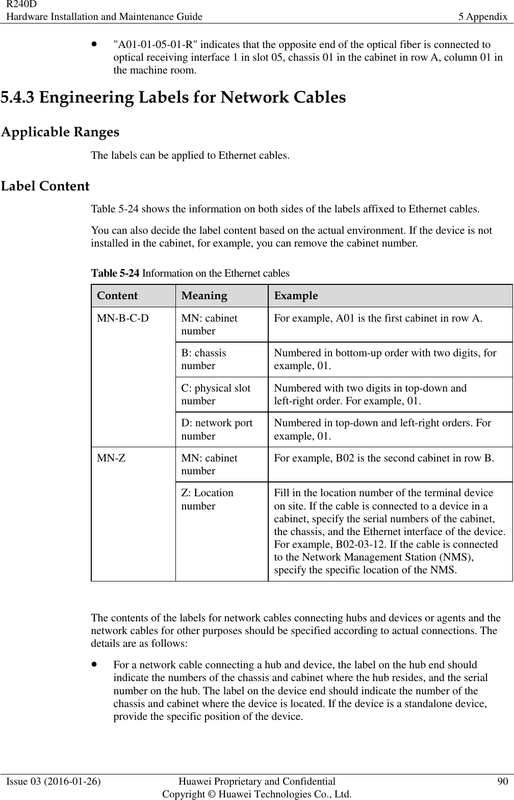 R240D Hardware Installation and Maintenance Guide 5 Appendix  Issue 03 (2016-01-26) Huawei Proprietary and Confidential                                     Copyright © Huawei Technologies Co., Ltd. 90   &quot;A01-01-05-01-R&quot; indicates that the opposite end of the optical fiber is connected to optical receiving interface 1 in slot 05, chassis 01 in the cabinet in row A, column 01 in the machine room. 5.4.3 Engineering Labels for Network Cables Applicable Ranges The labels can be applied to Ethernet cables. Label Content Table 5-24 shows the information on both sides of the labels affixed to Ethernet cables. You can also decide the label content based on the actual environment. If the device is not installed in the cabinet, for example, you can remove the cabinet number. Table 5-24 Information on the Ethernet cables Content Meaning Example MN-B-C-D MN: cabinet number For example, A01 is the first cabinet in row A. B: chassis number Numbered in bottom-up order with two digits, for example, 01. C: physical slot number Numbered with two digits in top-down and left-right order. For example, 01. D: network port number Numbered in top-down and left-right orders. For example, 01. MN-Z MN: cabinet number For example, B02 is the second cabinet in row B. Z: Location number Fill in the location number of the terminal device on site. If the cable is connected to a device in a cabinet, specify the serial numbers of the cabinet, the chassis, and the Ethernet interface of the device. For example, B02-03-12. If the cable is connected to the Network Management Station (NMS), specify the specific location of the NMS.  The contents of the labels for network cables connecting hubs and devices or agents and the network cables for other purposes should be specified according to actual connections. The details are as follows:  For a network cable connecting a hub and device, the label on the hub end should indicate the numbers of the chassis and cabinet where the hub resides, and the serial number on the hub. The label on the device end should indicate the number of the chassis and cabinet where the device is located. If the device is a standalone device, provide the specific position of the device. 