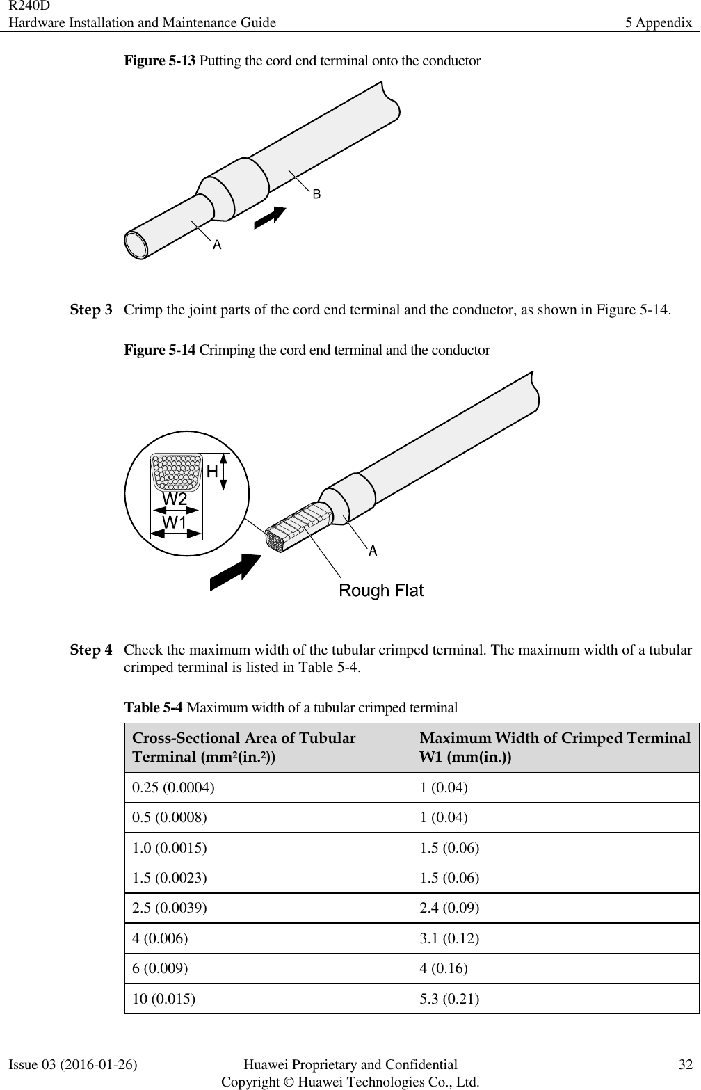 R240D Hardware Installation and Maintenance Guide 5 Appendix  Issue 03 (2016-01-26) Huawei Proprietary and Confidential                                     Copyright © Huawei Technologies Co., Ltd. 32  Figure 5-13 Putting the cord end terminal onto the conductor   Step 3 Crimp the joint parts of the cord end terminal and the conductor, as shown in Figure 5-14. Figure 5-14 Crimping the cord end terminal and the conductor   Step 4 Check the maximum width of the tubular crimped terminal. The maximum width of a tubular crimped terminal is listed in Table 5-4. Table 5-4 Maximum width of a tubular crimped terminal Cross-Sectional Area of Tubular Terminal (mm2(in.2)) Maximum Width of Crimped Terminal W1 (mm(in.)) 0.25 (0.0004) 1 (0.04) 0.5 (0.0008) 1 (0.04) 1.0 (0.0015) 1.5 (0.06) 1.5 (0.0023) 1.5 (0.06) 2.5 (0.0039) 2.4 (0.09) 4 (0.006) 3.1 (0.12) 6 (0.009) 4 (0.16) 10 (0.015) 5.3 (0.21) 