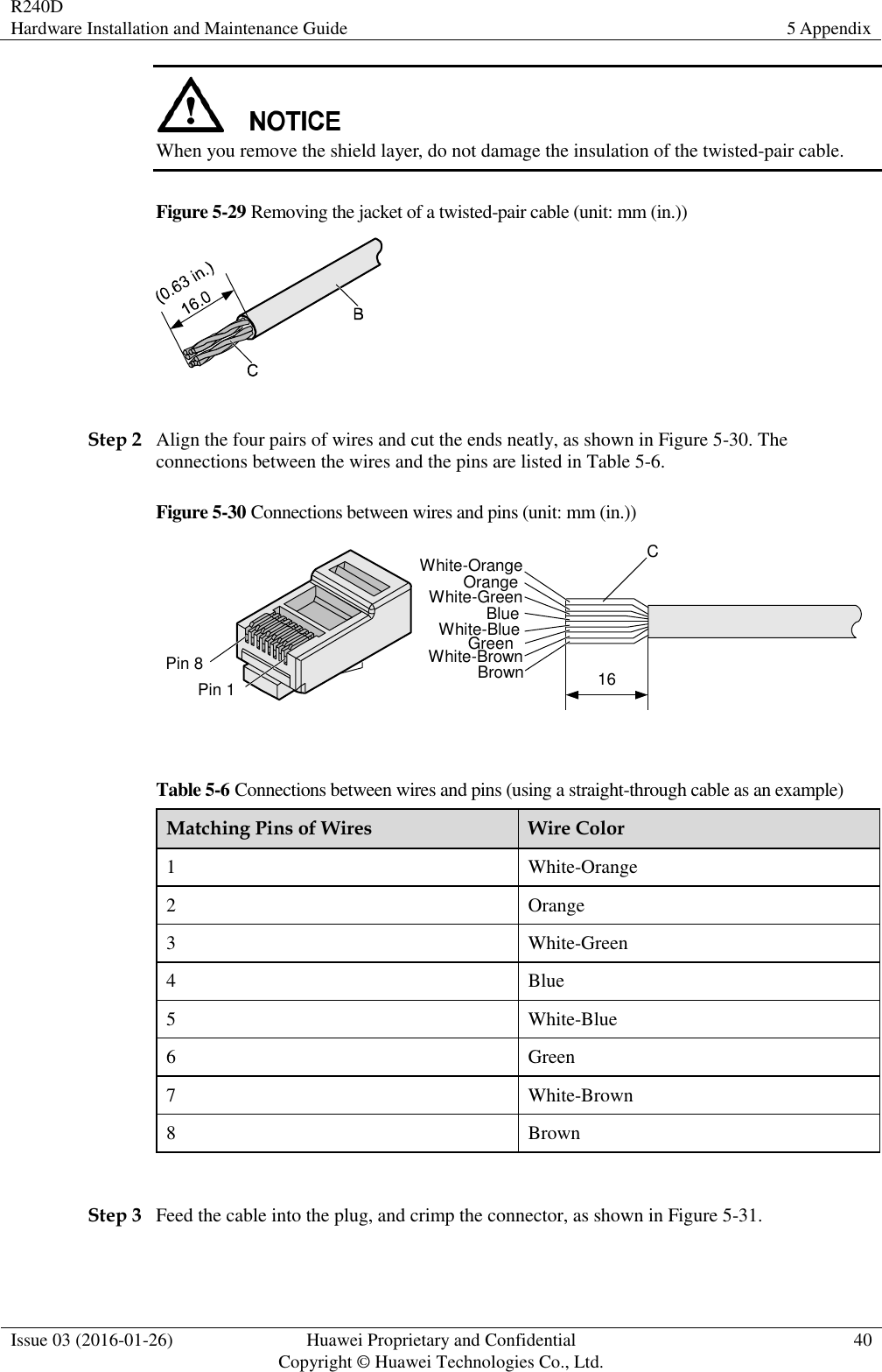 R240D Hardware Installation and Maintenance Guide 5 Appendix  Issue 03 (2016-01-26) Huawei Proprietary and Confidential                                     Copyright © Huawei Technologies Co., Ltd. 40   When you remove the shield layer, do not damage the insulation of the twisted-pair cable. Figure 5-29 Removing the jacket of a twisted-pair cable (unit: mm (in.))   Step 2 Align the four pairs of wires and cut the ends neatly, as shown in Figure 5-30. The connections between the wires and the pins are listed in Table 5-6. Figure 5-30 Connections between wires and pins (unit: mm (in.)) C16White-OrangeWhite-GreenOrangeBlueWhite-BlueGreenWhite-BrownBrownPin 8Pin 1  Table 5-6 Connections between wires and pins (using a straight-through cable as an example) Matching Pins of Wires Wire Color 1 White-Orange 2 Orange 3 White-Green 4 Blue 5 White-Blue 6 Green 7 White-Brown 8 Brown  Step 3 Feed the cable into the plug, and crimp the connector, as shown in Figure 5-31. 