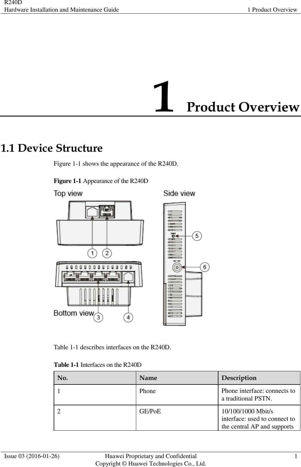 R240D Hardware Installation and Maintenance Guide 1 Product Overview  Issue 03 (2016-01-26) Huawei Proprietary and Confidential                                     Copyright © Huawei Technologies Co., Ltd. 1  1 Product Overview 1.1 Device Structure Figure 1-1 shows the appearance of the R240D. Figure 1-1 Appearance of the R240D   Table 1-1 describes interfaces on the R240D. Table 1-1 Interfaces on the R240D No. Name Description 1 Phone Phone interface: connects to a traditional PSTN. 2 GE/PoE 10/100/1000 Mbit/s interface: used to connect to the central AP and supports 