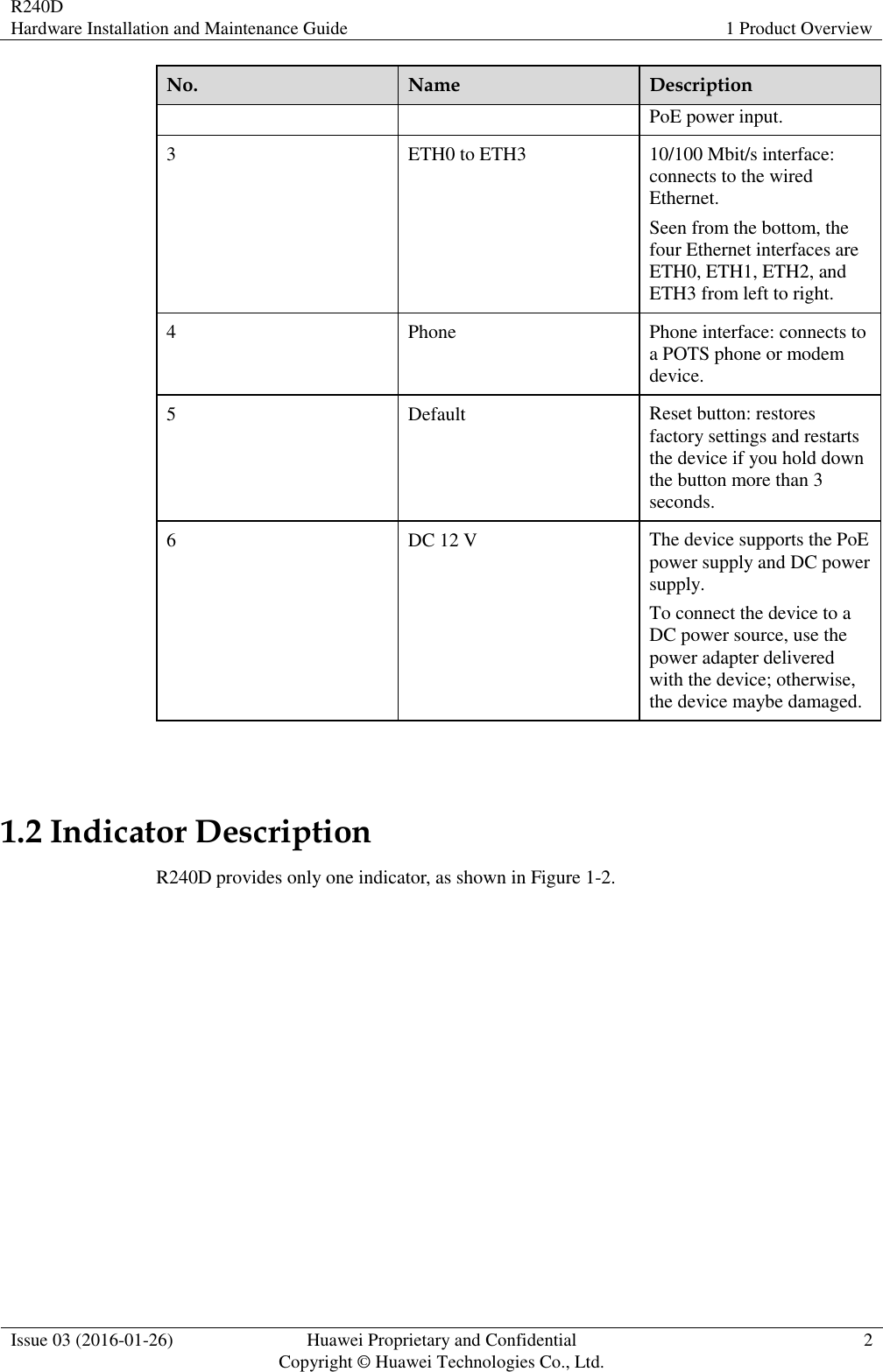 R240D Hardware Installation and Maintenance Guide 1 Product Overview  Issue 03 (2016-01-26) Huawei Proprietary and Confidential                                     Copyright © Huawei Technologies Co., Ltd. 2  No. Name Description PoE power input. 3 ETH0 to ETH3 10/100 Mbit/s interface: connects to the wired Ethernet. Seen from the bottom, the four Ethernet interfaces are ETH0, ETH1, ETH2, and ETH3 from left to right. 4 Phone Phone interface: connects to a POTS phone or modem device. 5 Default Reset button: restores factory settings and restarts the device if you hold down the button more than 3 seconds. 6 DC 12 V The device supports the PoE power supply and DC power supply. To connect the device to a DC power source, use the power adapter delivered with the device; otherwise, the device maybe damaged.  1.2 Indicator Description R240D provides only one indicator, as shown in Figure 1-2. 