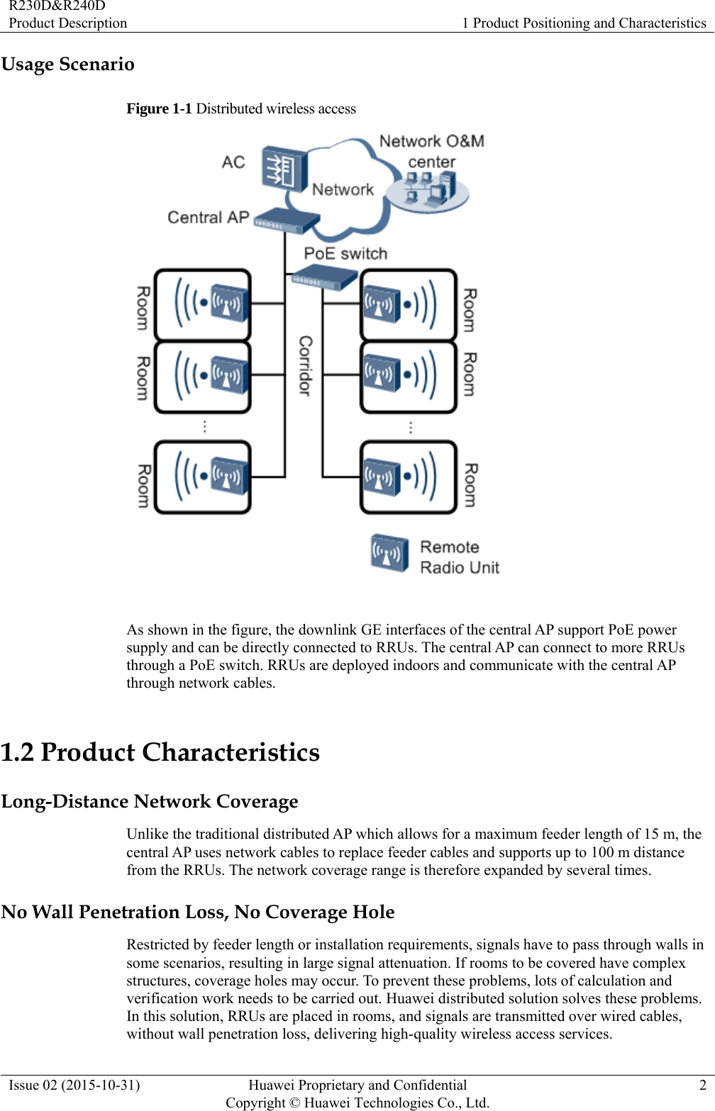 R230D&amp;R240D Product Description  1 Product Positioning and Characteristics Issue 02 (2015-10-31)  Huawei Proprietary and Confidential         Copyright © Huawei Technologies Co., Ltd.2 Usage Scenario Figure 1-1 Distributed wireless access   As shown in the figure, the downlink GE interfaces of the central AP support PoE power supply and can be directly connected to RRUs. The central AP can connect to more RRUs through a PoE switch. RRUs are deployed indoors and communicate with the central AP through network cables. 1.2 Product Characteristics Long-Distance Network Coverage Unlike the traditional distributed AP which allows for a maximum feeder length of 15 m, the central AP uses network cables to replace feeder cables and supports up to 100 m distance from the RRUs. The network coverage range is therefore expanded by several times. No Wall Penetration Loss, No Coverage Hole Restricted by feeder length or installation requirements, signals have to pass through walls in some scenarios, resulting in large signal attenuation. If rooms to be covered have complex structures, coverage holes may occur. To prevent these problems, lots of calculation and verification work needs to be carried out. Huawei distributed solution solves these problems. In this solution, RRUs are placed in rooms, and signals are transmitted over wired cables, without wall penetration loss, delivering high-quality wireless access services. 