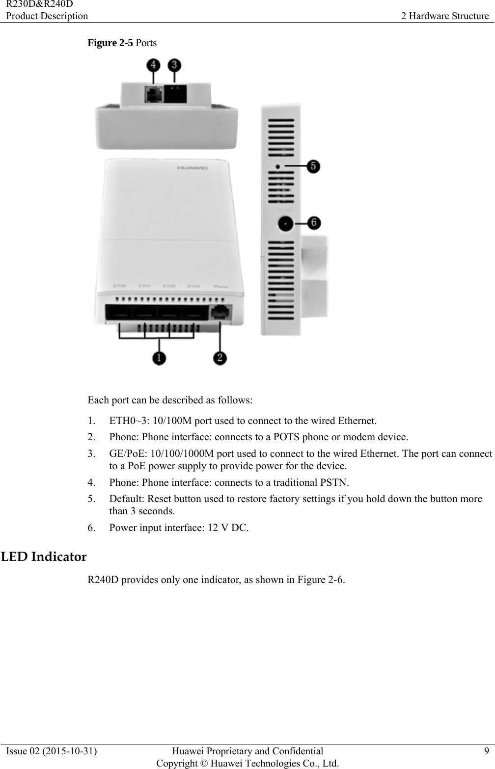 R230D&amp;R240D Product Description  2 Hardware Structure Issue 02 (2015-10-31)  Huawei Proprietary and Confidential         Copyright © Huawei Technologies Co., Ltd.9 Figure 2-5 Ports   Each port can be described as follows: 1. ETH0~3: 10/100M port used to connect to the wired Ethernet. 2. Phone: Phone interface: connects to a POTS phone or modem device. 3. GE/PoE: 10/100/1000M port used to connect to the wired Ethernet. The port can connect to a PoE power supply to provide power for the device. 4. Phone: Phone interface: connects to a traditional PSTN. 5. Default: Reset button used to restore factory settings if you hold down the button more than 3 seconds. 6. Power input interface: 12 V DC. LED Indicator R240D provides only one indicator, as shown in Figure 2-6. 