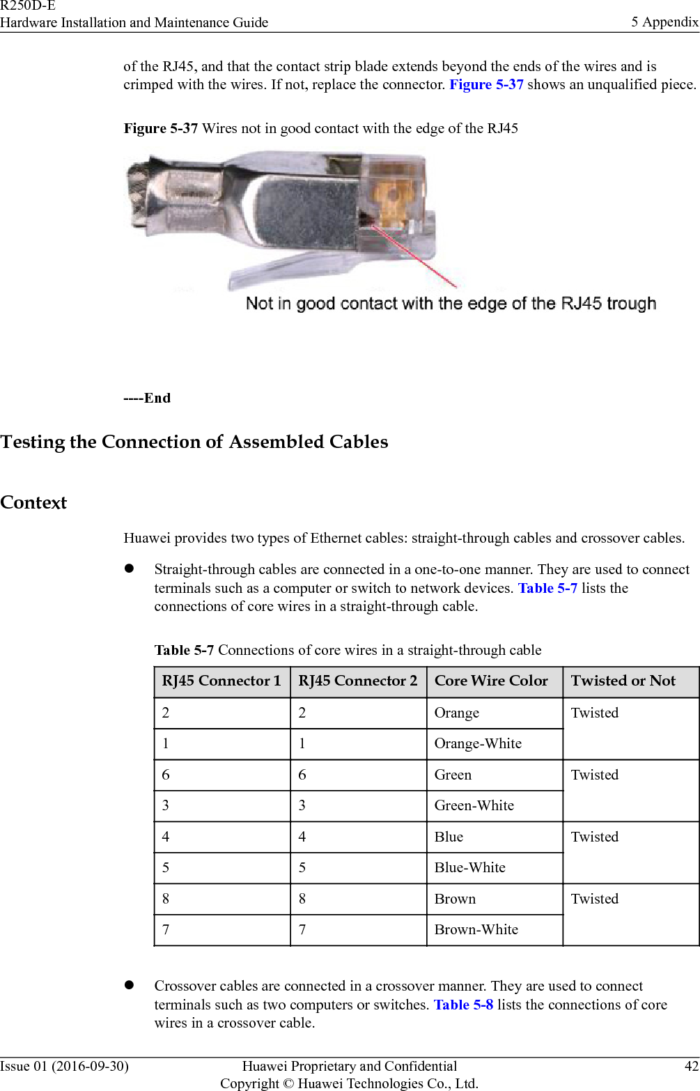of the RJ45, and that the contact strip blade extends beyond the ends of the wires and iscrimped with the wires. If not, replace the connector. Figure 5-37 shows an unqualified piece.Figure 5-37 Wires not in good contact with the edge of the RJ45 ----EndTesting the Connection of Assembled CablesContextHuawei provides two types of Ethernet cables: straight-through cables and crossover cables.lStraight-through cables are connected in a one-to-one manner. They are used to connectterminals such as a computer or switch to network devices. Table 5-7 lists theconnections of core wires in a straight-through cable.Table 5-7 Connections of core wires in a straight-through cableRJ45 Connector 1 RJ45 Connector 2 Core Wire Color Twisted or Not2 2 Orange Twisted1 1 Orange-White6 6 Green Twisted3 3 Green-White4 4 Blue Twisted5 5 Blue-White8 8 Brown Twisted7 7 Brown-White lCrossover cables are connected in a crossover manner. They are used to connectterminals such as two computers or switches. Table 5-8 lists the connections of corewires in a crossover cable.R250D-EHardware Installation and Maintenance Guide 5 AppendixIssue 01 (2016-09-30) Huawei Proprietary and ConfidentialCopyright © Huawei Technologies Co., Ltd.42