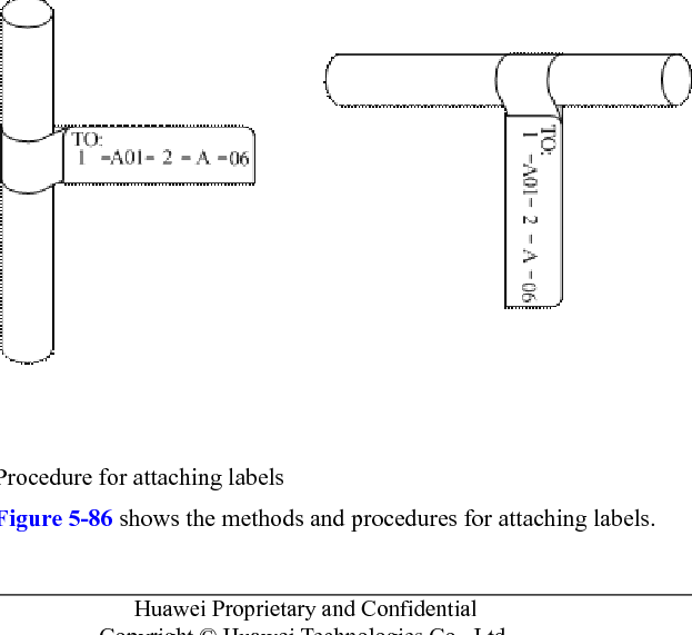 Placement of text on a label is shown in Figure 5-84.Figure 5-84 Placement of text on a label Attaching LabelsAfter printing or writing the label, remove the label from the page and attach it to the signalcable, or the identification plate of the power cable. The methods for attaching labels aredescribed in the following sections.Label for Signal CableslChoose the place to attach labels.The label is attached 2 cm (0.79 in.) from the connector on a signal cable. In specialcases (for example, to avoid cable bending or affecting other cables), other positions areallowed to attach the labels. The rectangular part with text is attached facing right ordownward, as shown in Figure 5-85. The details are as follows:–The identification card is to the right of the cable in vertical cabling.–The identification card should be downward when you lay out the cablehorizontally.Figure 5-85 Text area of the label lProcedure for attaching labelsFigure 5-86 shows the methods and procedures for attaching labels.R250D-EHardware Installation and Maintenance Guide 5 AppendixIssue 01 (2016-09-30) Huawei Proprietary and ConfidentialCopyright © Huawei Technologies Co., Ltd.83