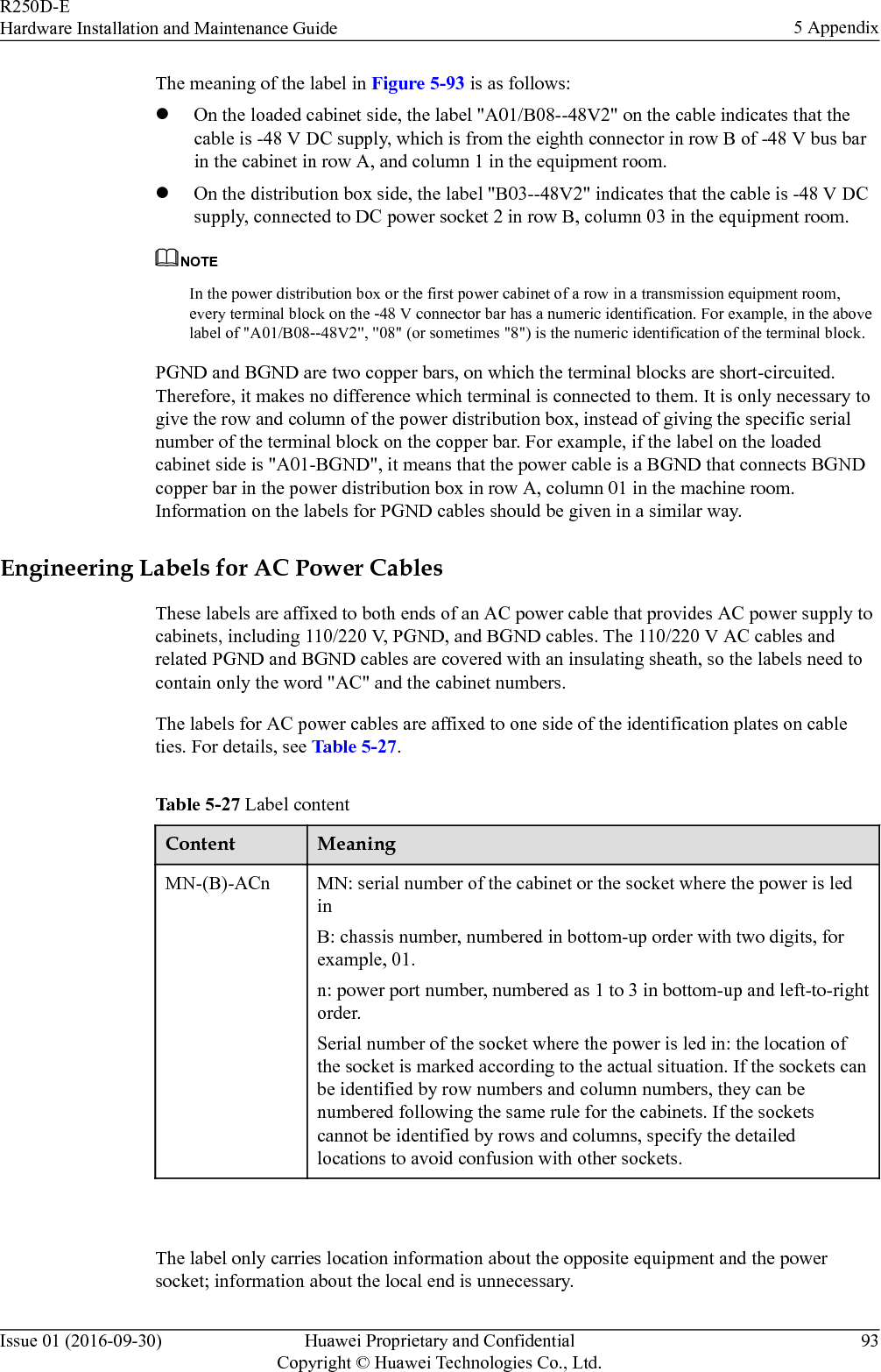 The meaning of the label in Figure 5-93 is as follows:lOn the loaded cabinet side, the label &quot;A01/B08--48V2&quot; on the cable indicates that thecable is -48 V DC supply, which is from the eighth connector in row B of -48 V bus barin the cabinet in row A, and column 1 in the equipment room.lOn the distribution box side, the label &quot;B03--48V2&quot; indicates that the cable is -48 V DCsupply, connected to DC power socket 2 in row B, column 03 in the equipment room.NOTEIn the power distribution box or the first power cabinet of a row in a transmission equipment room,every terminal block on the -48 V connector bar has a numeric identification. For example, in the abovelabel of &quot;A01/B08--48V2&quot;, &quot;08&quot; (or sometimes &quot;8&quot;) is the numeric identification of the terminal block.PGND and BGND are two copper bars, on which the terminal blocks are short-circuited.Therefore, it makes no difference which terminal is connected to them. It is only necessary togive the row and column of the power distribution box, instead of giving the specific serialnumber of the terminal block on the copper bar. For example, if the label on the loadedcabinet side is &quot;A01-BGND&quot;, it means that the power cable is a BGND that connects BGNDcopper bar in the power distribution box in row A, column 01 in the machine room.Information on the labels for PGND cables should be given in a similar way.Engineering Labels for AC Power CablesThese labels are affixed to both ends of an AC power cable that provides AC power supply tocabinets, including 110/220 V, PGND, and BGND cables. The 110/220 V AC cables andrelated PGND and BGND cables are covered with an insulating sheath, so the labels need tocontain only the word &quot;AC&quot; and the cabinet numbers.The labels for AC power cables are affixed to one side of the identification plates on cableties. For details, see Table 5-27.Table 5-27 Label contentContent MeaningMN-(B)-ACn MN: serial number of the cabinet or the socket where the power is ledinB: chassis number, numbered in bottom-up order with two digits, forexample, 01.n: power port number, numbered as 1 to 3 in bottom-up and left-to-rightorder.Serial number of the socket where the power is led in: the location ofthe socket is marked according to the actual situation. If the sockets canbe identified by row numbers and column numbers, they can benumbered following the same rule for the cabinets. If the socketscannot be identified by rows and columns, specify the detailedlocations to avoid confusion with other sockets. The label only carries location information about the opposite equipment and the powersocket; information about the local end is unnecessary.R250D-EHardware Installation and Maintenance Guide 5 AppendixIssue 01 (2016-09-30) Huawei Proprietary and ConfidentialCopyright © Huawei Technologies Co., Ltd.93