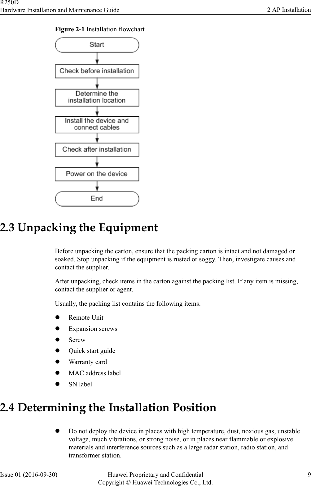Figure 2-1 Installation flowchart2.3 Unpacking the EquipmentBefore unpacking the carton, ensure that the packing carton is intact and not damaged orsoaked. Stop unpacking if the equipment is rusted or soggy. Then, investigate causes andcontact the supplier.After unpacking, check items in the carton against the packing list. If any item is missing,contact the supplier or agent.Usually, the packing list contains the following items.lRemote UnitlExpansion screwslScrewlQuick start guidelWarranty cardlMAC address labellSN label2.4 Determining the Installation PositionlDo not deploy the device in places with high temperature, dust, noxious gas, unstablevoltage, much vibrations, or strong noise, or in places near flammable or explosivematerials and interference sources such as a large radar station, radio station, andtransformer station.R250DHardware Installation and Maintenance Guide 2 AP InstallationIssue 01 (2016-09-30) Huawei Proprietary and ConfidentialCopyright © Huawei Technologies Co., Ltd.9