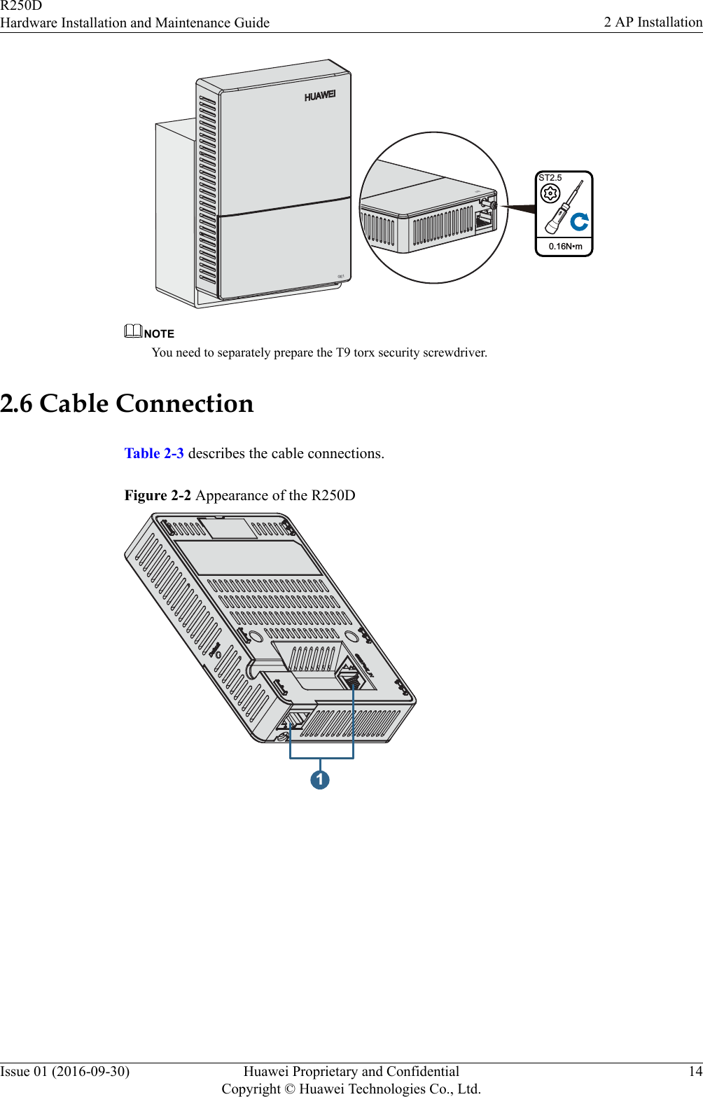0.16N•mST2.5GE1GE1NOTEYou need to separately prepare the T9 torx security screwdriver.2.6 Cable ConnectionTable 2-3 describes the cable connections.Figure 2-2 Appearance of the R250D1R250DHardware Installation and Maintenance Guide 2 AP InstallationIssue 01 (2016-09-30) Huawei Proprietary and ConfidentialCopyright © Huawei Technologies Co., Ltd.14