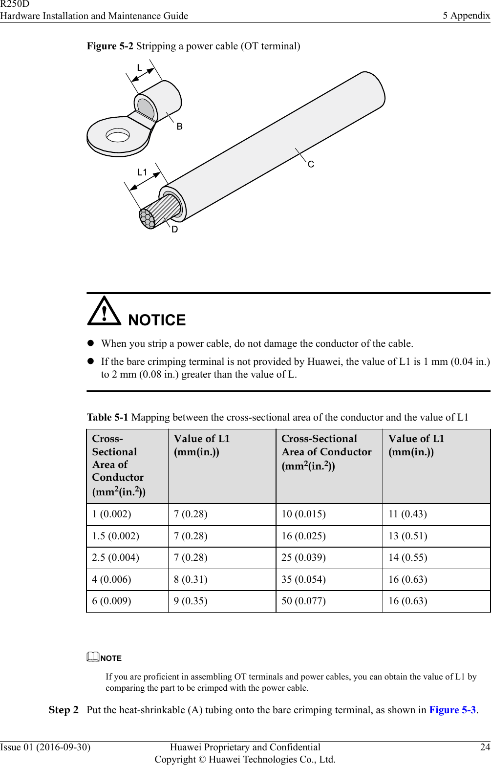 Figure 5-2 Stripping a power cable (OT terminal) NOTICElWhen you strip a power cable, do not damage the conductor of the cable.lIf the bare crimping terminal is not provided by Huawei, the value of L1 is 1 mm (0.04 in.)to 2 mm (0.08 in.) greater than the value of L.Table 5-1 Mapping between the cross-sectional area of the conductor and the value of L1Cross-SectionalArea ofConductor(mm2(in.2))Value of L1(mm(in.))Cross-SectionalArea of Conductor(mm2(in.2))Value of L1(mm(in.))1 (0.002) 7 (0.28) 10 (0.015) 11 (0.43)1.5 (0.002) 7 (0.28) 16 (0.025) 13 (0.51)2.5 (0.004) 7 (0.28) 25 (0.039) 14 (0.55)4 (0.006) 8 (0.31) 35 (0.054) 16 (0.63)6 (0.009) 9 (0.35) 50 (0.077) 16 (0.63) NOTEIf you are proficient in assembling OT terminals and power cables, you can obtain the value of L1 bycomparing the part to be crimped with the power cable.Step 2 Put the heat-shrinkable (A) tubing onto the bare crimping terminal, as shown in Figure 5-3.R250DHardware Installation and Maintenance Guide 5 AppendixIssue 01 (2016-09-30) Huawei Proprietary and ConfidentialCopyright © Huawei Technologies Co., Ltd.24