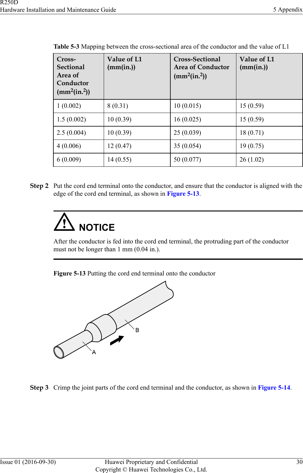  Table 5-3 Mapping between the cross-sectional area of the conductor and the value of L1Cross-SectionalArea ofConductor(mm2(in.2))Value of L1(mm(in.))Cross-SectionalArea of Conductor(mm2(in.2))Value of L1(mm(in.))1 (0.002) 8 (0.31) 10 (0.015) 15 (0.59)1.5 (0.002) 10 (0.39) 16 (0.025) 15 (0.59)2.5 (0.004) 10 (0.39) 25 (0.039) 18 (0.71)4 (0.006) 12 (0.47) 35 (0.054) 19 (0.75)6 (0.009) 14 (0.55) 50 (0.077) 26 (1.02) Step 2 Put the cord end terminal onto the conductor, and ensure that the conductor is aligned with theedge of the cord end terminal, as shown in Figure 5-13.NOTICEAfter the conductor is fed into the cord end terminal, the protruding part of the conductormust not be longer than 1 mm (0.04 in.).Figure 5-13 Putting the cord end terminal onto the conductor Step 3 Crimp the joint parts of the cord end terminal and the conductor, as shown in Figure 5-14.R250DHardware Installation and Maintenance Guide 5 AppendixIssue 01 (2016-09-30) Huawei Proprietary and ConfidentialCopyright © Huawei Technologies Co., Ltd.30