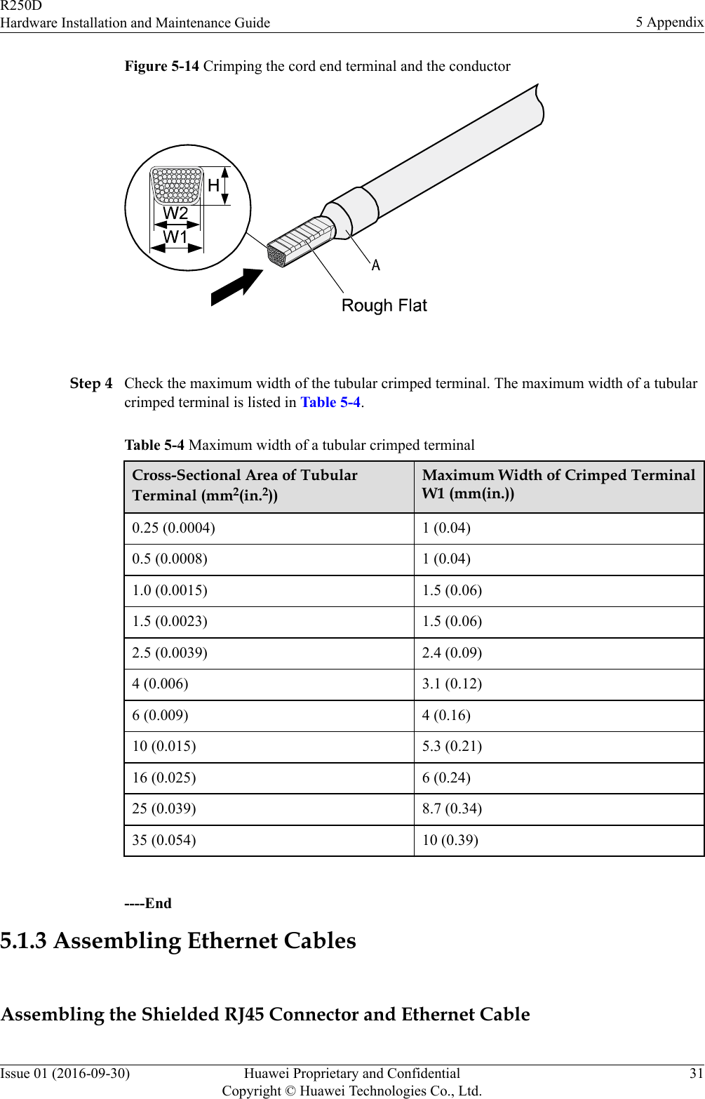 Figure 5-14 Crimping the cord end terminal and the conductor Step 4 Check the maximum width of the tubular crimped terminal. The maximum width of a tubularcrimped terminal is listed in Table 5-4.Table 5-4 Maximum width of a tubular crimped terminalCross-Sectional Area of TubularTerminal (mm2(in.2))Maximum Width of Crimped TerminalW1 (mm(in.))0.25 (0.0004) 1 (0.04)0.5 (0.0008) 1 (0.04)1.0 (0.0015) 1.5 (0.06)1.5 (0.0023) 1.5 (0.06)2.5 (0.0039) 2.4 (0.09)4 (0.006) 3.1 (0.12)6 (0.009) 4 (0.16)10 (0.015) 5.3 (0.21)16 (0.025) 6 (0.24)25 (0.039) 8.7 (0.34)35 (0.054) 10 (0.39) ----End5.1.3 Assembling Ethernet CablesAssembling the Shielded RJ45 Connector and Ethernet CableR250DHardware Installation and Maintenance Guide 5 AppendixIssue 01 (2016-09-30) Huawei Proprietary and ConfidentialCopyright © Huawei Technologies Co., Ltd.31