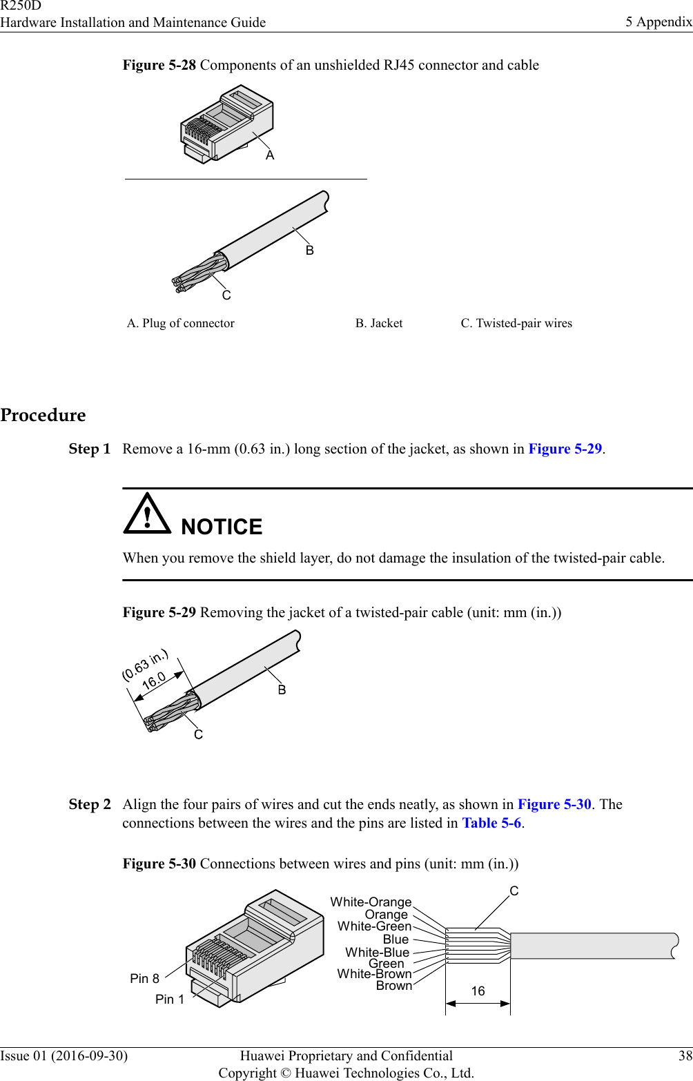 Figure 5-28 Components of an unshielded RJ45 connector and cableABCA. Plug of connector B. Jacket C. Twisted-pair wires ProcedureStep 1 Remove a 16-mm (0.63 in.) long section of the jacket, as shown in Figure 5-29.NOTICEWhen you remove the shield layer, do not damage the insulation of the twisted-pair cable.Figure 5-29 Removing the jacket of a twisted-pair cable (unit: mm (in.)) Step 2 Align the four pairs of wires and cut the ends neatly, as shown in Figure 5-30. Theconnections between the wires and the pins are listed in Table 5-6.Figure 5-30 Connections between wires and pins (unit: mm (in.))C16White-OrangeWhite-GreenOrangeBlueWhite-BlueGreenWhite-BrownBrownPin 8Pin 1R250DHardware Installation and Maintenance Guide 5 AppendixIssue 01 (2016-09-30) Huawei Proprietary and ConfidentialCopyright © Huawei Technologies Co., Ltd.38