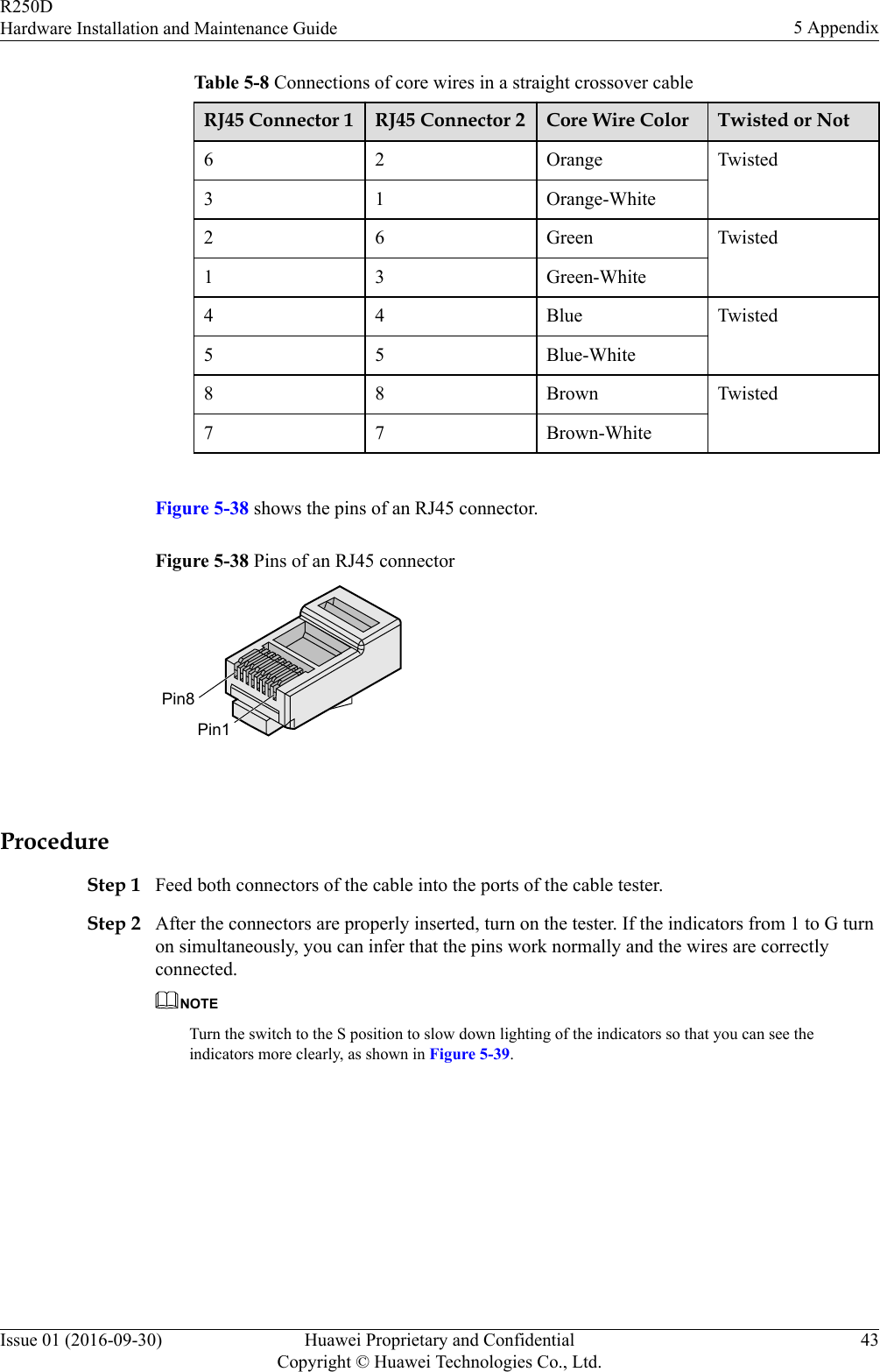 Table 5-8 Connections of core wires in a straight crossover cableRJ45 Connector 1 RJ45 Connector 2 Core Wire Color Twisted or Not6 2 Orange Twisted3 1 Orange-White2 6 Green Twisted1 3 Green-White4 4 Blue Twisted5 5 Blue-White8 8 Brown Twisted7 7 Brown-White Figure 5-38 shows the pins of an RJ45 connector.Figure 5-38 Pins of an RJ45 connectorPin8Pin1 ProcedureStep 1 Feed both connectors of the cable into the ports of the cable tester.Step 2 After the connectors are properly inserted, turn on the tester. If the indicators from 1 to G turnon simultaneously, you can infer that the pins work normally and the wires are correctlyconnected.NOTETurn the switch to the S position to slow down lighting of the indicators so that you can see theindicators more clearly, as shown in Figure 5-39.R250DHardware Installation and Maintenance Guide 5 AppendixIssue 01 (2016-09-30) Huawei Proprietary and ConfidentialCopyright © Huawei Technologies Co., Ltd.43