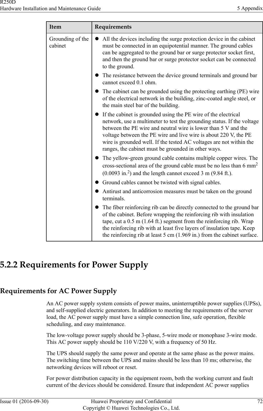 Item RequirementsGrounding of thecabinetlAll the devices including the surge protection device in the cabinetmust be connected in an equipotential manner. The ground cablescan be aggregated to the ground bar or surge protector socket first,and then the ground bar or surge protector socket can be connectedto the ground.lThe resistance between the device ground terminals and ground barcannot exceed 0.1 ohm.lThe cabinet can be grounded using the protecting earthing (PE) wireof the electrical network in the building, zinc-coated angle steel, orthe main steel bar of the building.lIf the cabinet is grounded using the PE wire of the electricalnetwork, use a multimeter to test the grounding status. If the voltagebetween the PE wire and neutral wire is lower than 5 V and thevoltage between the PE wire and live wire is about 220 V, the PEwire is grounded well. If the tested AC voltages are not within theranges, the cabinet must be grounded in other ways.lThe yellow-green ground cable contains multiple copper wires. Thecross-sectional area of the ground cable must be no less than 6 mm2(0.0093 in.2) and the length cannot exceed 3 m (9.84 ft.).lGround cables cannot be twisted with signal cables.lAntirust and anticorrosion measures must be taken on the groundterminals.lThe fiber reinforcing rib can be directly connected to the ground barof the cabinet. Before wrapping the reinforcing rib with insulationtape, cut a 0.5 m (1.64 ft.) segment from the reinforcing rib. Wrapthe reinforcing rib with at least five layers of insulation tape. Keepthe reinforcing rib at least 5 cm (1.969 in.) from the cabinet surface. 5.2.2 Requirements for Power SupplyRequirements for AC Power SupplyAn AC power supply system consists of power mains, uninterruptible power supplies (UPSs),and self-supplied electric generators. In addition to meeting the requirements of the serverload, the AC power supply must have a simple connection line, safe operation, flexiblescheduling, and easy maintenance.The low-voltage power supply should be 3-phase, 5-wire mode or monophase 3-wire mode.This AC power supply should be 110 V/220 V, with a frequency of 50 Hz.The UPS should supply the same power and operate at the same phase as the power mains.The switching time between the UPS and mains should be less than 10 ms; otherwise, thenetworking devices will reboot or reset.For power distribution capacity in the equipment room, both the working current and faultcurrent of the devices should be considered. Ensure that independent AC power suppliesR250DHardware Installation and Maintenance Guide 5 AppendixIssue 01 (2016-09-30) Huawei Proprietary and ConfidentialCopyright © Huawei Technologies Co., Ltd.72