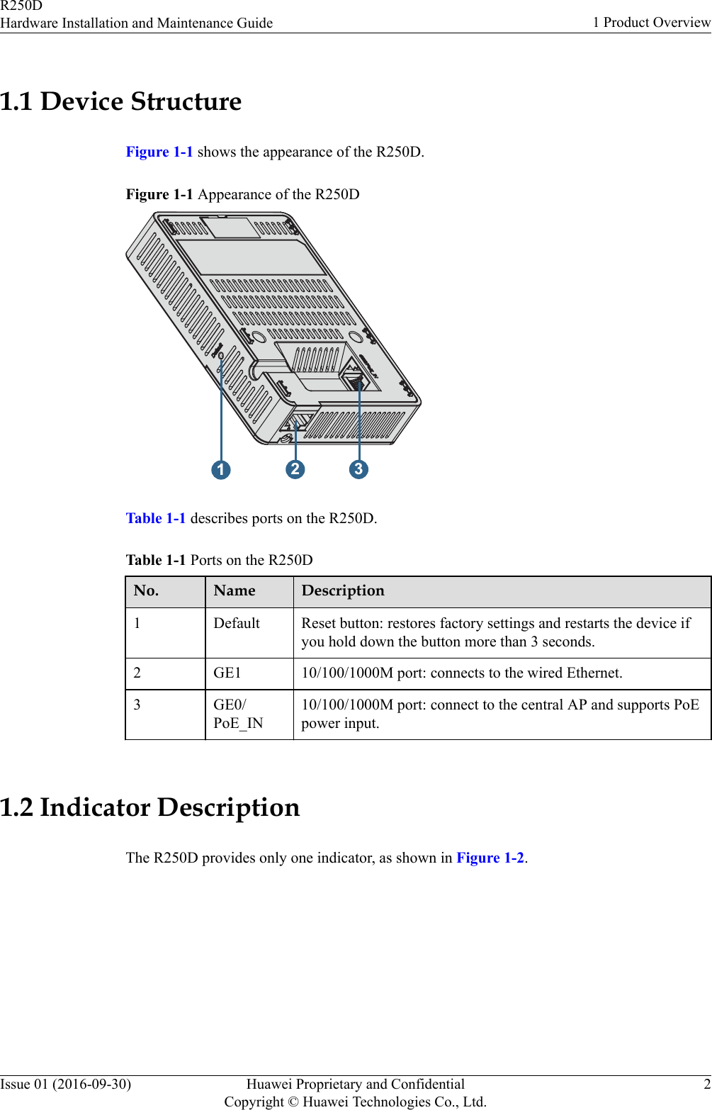 1.1 Device StructureFigure 1-1 shows the appearance of the R250D.Figure 1-1 Appearance of the R250D123Table 1-1 describes ports on the R250D.Table 1-1 Ports on the R250DNo. Name Description1 Default Reset button: restores factory settings and restarts the device ifyou hold down the button more than 3 seconds.2 GE1 10/100/1000M port: connects to the wired Ethernet.3 GE0/PoE_IN10/100/1000M port: connect to the central AP and supports PoEpower input. 1.2 Indicator DescriptionThe R250D provides only one indicator, as shown in Figure 1-2.R250DHardware Installation and Maintenance Guide 1 Product OverviewIssue 01 (2016-09-30) Huawei Proprietary and ConfidentialCopyright © Huawei Technologies Co., Ltd.2