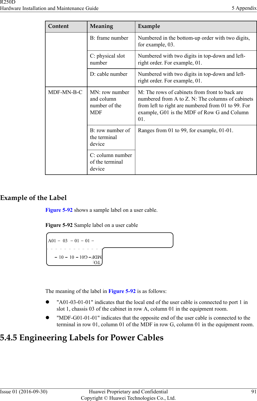 Content Meaning ExampleB: frame number Numbered in the bottom-up order with two digits,for example, 03.C: physical slotnumberNumbered with two digits in top-down and left-right order. For example, 01.D: cable number Numbered with two digits in top-down and left-right order. For example, 01.MDF-MN-B-C MN: row numberand columnnumber of theMDFM: The rows of cabinets from front to back arenumbered from A to Z. N: The columns of cabinetsfrom left to right are numbered from 01 to 99. Forexample, G01 is the MDF of Row G and Column01.B: row number ofthe terminaldeviceRanges from 01 to 99, for example, 01-01.C: column numberof the terminaldevice Example of the LabelFigure 5-92 shows a sample label on a user cable.Figure 5-92 Sample label on a user cableA01TO:03 01 01MDF G01 01 01 The meaning of the label in Figure 5-92 is as follows:l&quot;A01-03-01-01&quot; indicates that the local end of the user cable is connected to port 1 inslot 1, chassis 03 of the cabinet in row A, column 01 in the equipment room.l&quot;MDF-G01-01-01&quot; indicates that the opposite end of the user cable is connected to theterminal in row 01, column 01 of the MDF in row G, column 01 in the equipment room.5.4.5 Engineering Labels for Power CablesR250DHardware Installation and Maintenance Guide 5 AppendixIssue 01 (2016-09-30) Huawei Proprietary and ConfidentialCopyright © Huawei Technologies Co., Ltd.91