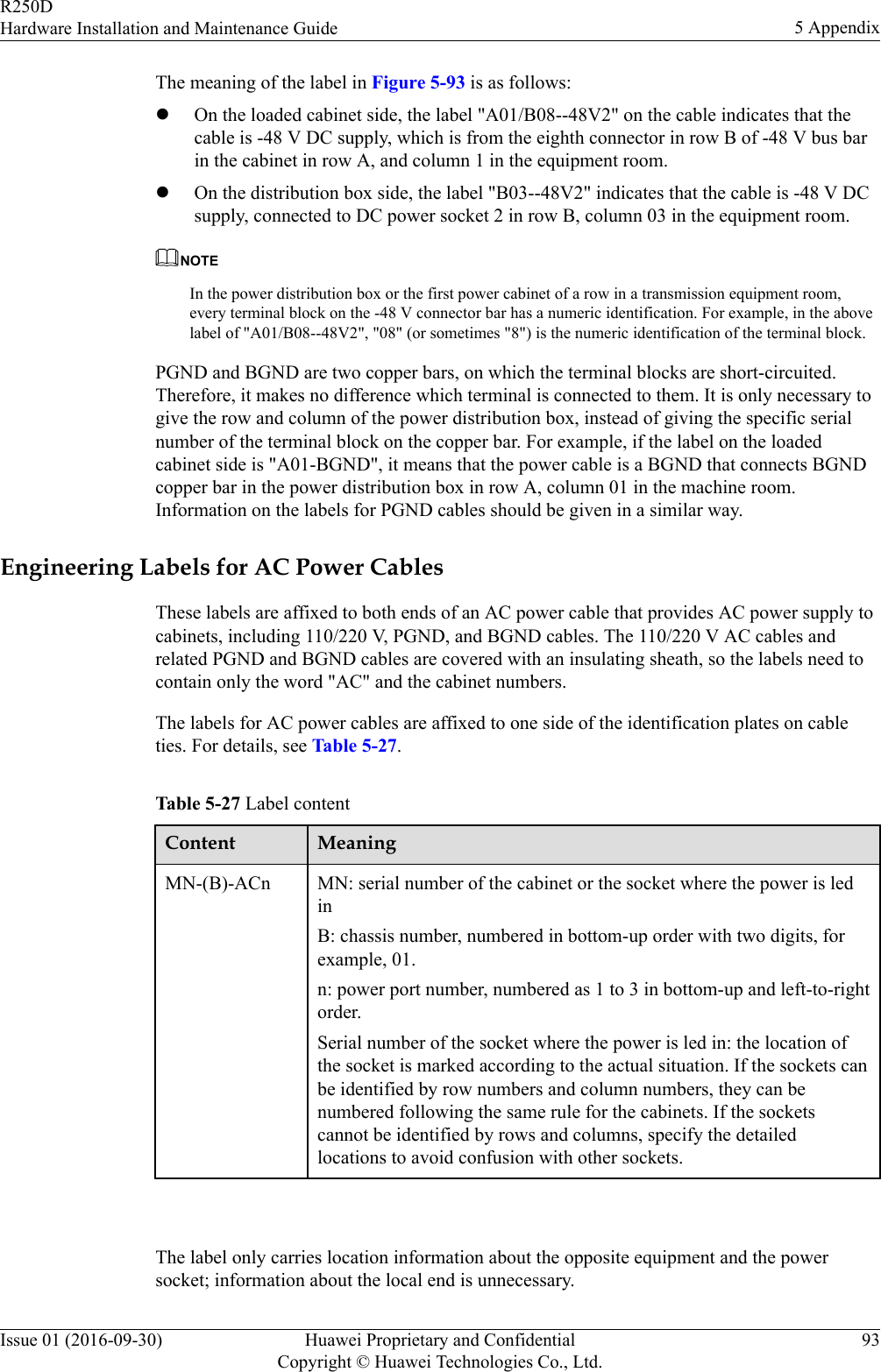 The meaning of the label in Figure 5-93 is as follows:lOn the loaded cabinet side, the label &quot;A01/B08--48V2&quot; on the cable indicates that thecable is -48 V DC supply, which is from the eighth connector in row B of -48 V bus barin the cabinet in row A, and column 1 in the equipment room.lOn the distribution box side, the label &quot;B03--48V2&quot; indicates that the cable is -48 V DCsupply, connected to DC power socket 2 in row B, column 03 in the equipment room.NOTEIn the power distribution box or the first power cabinet of a row in a transmission equipment room,every terminal block on the -48 V connector bar has a numeric identification. For example, in the abovelabel of &quot;A01/B08--48V2&quot;, &quot;08&quot; (or sometimes &quot;8&quot;) is the numeric identification of the terminal block.PGND and BGND are two copper bars, on which the terminal blocks are short-circuited.Therefore, it makes no difference which terminal is connected to them. It is only necessary togive the row and column of the power distribution box, instead of giving the specific serialnumber of the terminal block on the copper bar. For example, if the label on the loadedcabinet side is &quot;A01-BGND&quot;, it means that the power cable is a BGND that connects BGNDcopper bar in the power distribution box in row A, column 01 in the machine room.Information on the labels for PGND cables should be given in a similar way.Engineering Labels for AC Power CablesThese labels are affixed to both ends of an AC power cable that provides AC power supply tocabinets, including 110/220 V, PGND, and BGND cables. The 110/220 V AC cables andrelated PGND and BGND cables are covered with an insulating sheath, so the labels need tocontain only the word &quot;AC&quot; and the cabinet numbers.The labels for AC power cables are affixed to one side of the identification plates on cableties. For details, see Table 5-27.Table 5-27 Label contentContent MeaningMN-(B)-ACn MN: serial number of the cabinet or the socket where the power is ledinB: chassis number, numbered in bottom-up order with two digits, forexample, 01.n: power port number, numbered as 1 to 3 in bottom-up and left-to-rightorder.Serial number of the socket where the power is led in: the location ofthe socket is marked according to the actual situation. If the sockets canbe identified by row numbers and column numbers, they can benumbered following the same rule for the cabinets. If the socketscannot be identified by rows and columns, specify the detailedlocations to avoid confusion with other sockets. The label only carries location information about the opposite equipment and the powersocket; information about the local end is unnecessary.R250DHardware Installation and Maintenance Guide 5 AppendixIssue 01 (2016-09-30) Huawei Proprietary and ConfidentialCopyright © Huawei Technologies Co., Ltd.93