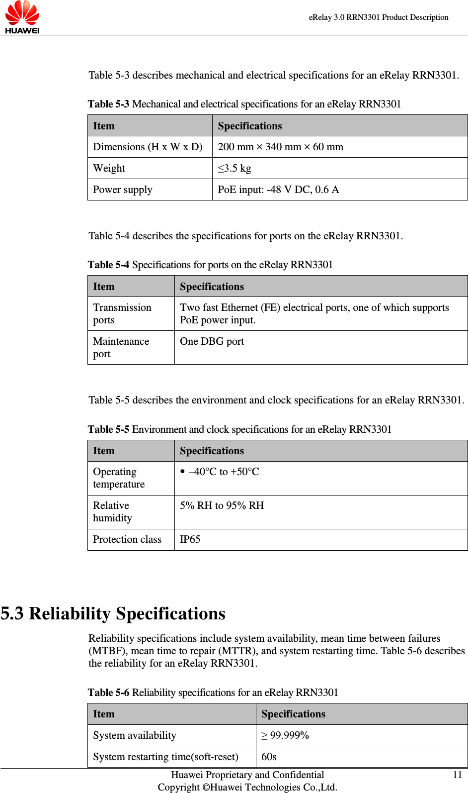    eRelay 3.0 RRN3301 Product Description    Huawei Proprietary and Confidential Copyright ©Huawei Technologies Co.,Ltd. 11   Table 5-3 describes mechanical and electrical specifications for an eRelay RRN3301.   Table 5-3 Mechanical and electrical specifications for an eRelay RRN3301 Item Specifications Dimensions (H x W x D) 200 mm × 340 mm × 60 mm Weight ≤3.5 kg Power supply PoE input: -48 V DC, 0.6 A  Table 5-4 describes the specifications for ports on the eRelay RRN3301.   Table 5-4 Specifications for ports on the eRelay RRN3301 Item Specifications Transmission ports Two fast Ethernet (FE) electrical ports, one of which supports PoE power input.   Maintenance port One DBG port  Table 5-5 describes the environment and clock specifications for an eRelay RRN3301.   Table 5-5 Environment and clock specifications for an eRelay RRN3301 Item Specifications Operating temperature  –40°C to +50°C Relative humidity 5% RH to 95% RH Protection class IP65  5.3 Reliability Specifications Reliability specifications include system availability, mean time between failures (MTBF), mean time to repair (MTTR), and system restarting time. Table 5-6 describes the reliability for an eRelay RRN3301.   Table 5-6 Reliability specifications for an eRelay RRN3301 Item Specifications System availability ≥ 99.999% System restarting time(soft-reset) 60s 