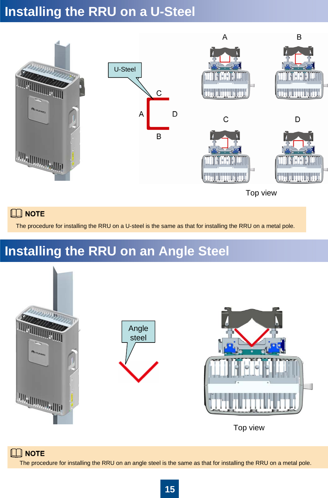 15Installing the RRU on a U-SteelThe procedure for installing the RRU on a U-steel is the same as that for installing the RRU on a metal pole.Installing the RRU on an Angle SteelThe procedure for installing the RRU on an angle steel is the same as that for installing the RRU on a metal pole.U-steelAngle steelTop viewTop viewU-Steel