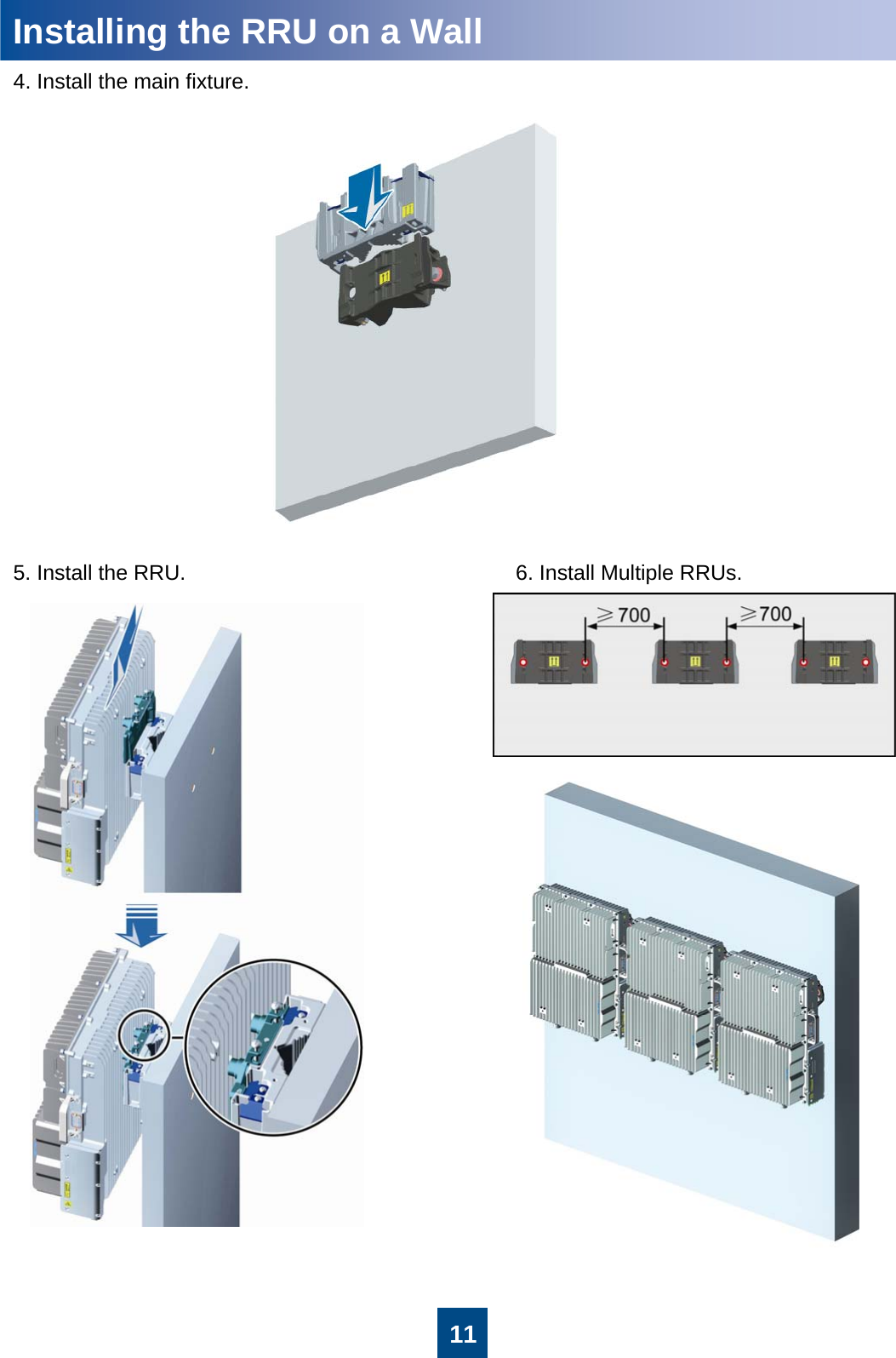 11Installing the RRU on a Wall4. Install the main fixture.5. Install the RRU. 6. Install Multiple RRUs.
