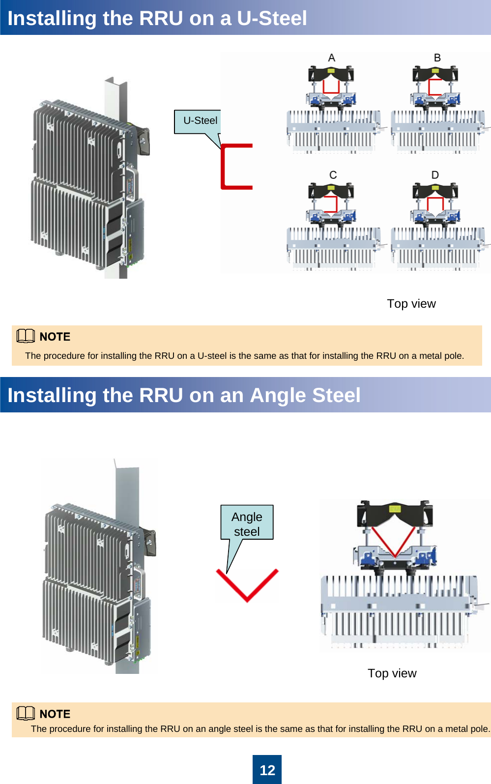12Installing the RRU on a U-SteelThe procedure for installing the RRU on a U-steel is the same as that for installing the RRU on a metal pole.Installing the RRU on an Angle SteelThe procedure for installing the RRU on an angle steel is the same as that for installing the RRU on a metal pole.Angle steelTop viewTop viewU-Steel