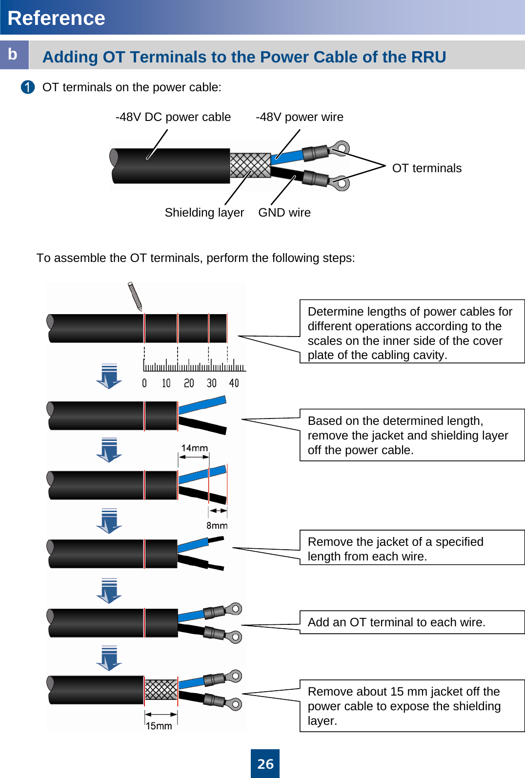 ReferenceOT terminals on the power cable:To assemble the OT terminals, perform the following steps:Adding OT Terminals to the Power Cable of the RRUbDetermine lengths of power cables for different operations according to the scales on the inner side of the cover plate of the cabling cavity.Based on the determined length, remove the jacket and shielding layer off the power cable.Remove the jacket of a specified length from each wire.Add an OT terminal to each wire.Remove about 15 mm jacket off the power cable to expose the shielding layer.26-48V DC power cableShielding layer GND wire-48V power wireOT terminals