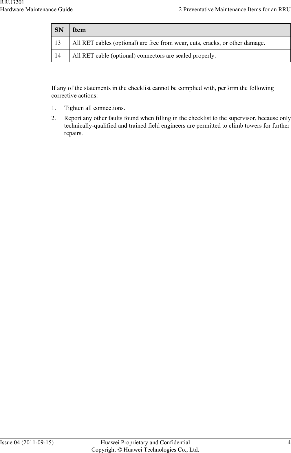 SN Item13 All RET cables (optional) are free from wear, cuts, cracks, or other damage.14 All RET cable (optional) connectors are sealed properly. If any of the statements in the checklist cannot be complied with, perform the followingcorrective actions:1. Tighten all connections.2. Report any other faults found when filling in the checklist to the supervisor, because onlytechnically-qualified and trained field engineers are permitted to climb towers for furtherrepairs.RRU3201Hardware Maintenance Guide 2 Preventative Maintenance Items for an RRUIssue 04 (2011-09-15) Huawei Proprietary and ConfidentialCopyright © Huawei Technologies Co., Ltd.4