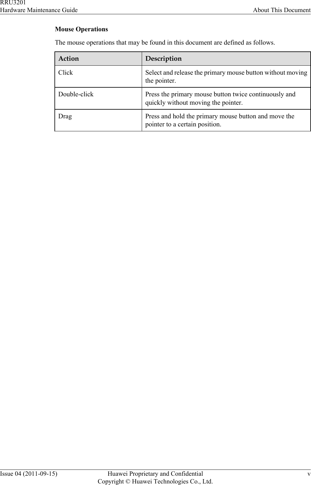 Mouse OperationsThe mouse operations that may be found in this document are defined as follows.Action DescriptionClick Select and release the primary mouse button without movingthe pointer.Double-click Press the primary mouse button twice continuously andquickly without moving the pointer.Drag Press and hold the primary mouse button and move thepointer to a certain position.RRU3201Hardware Maintenance Guide About This DocumentIssue 04 (2011-09-15) Huawei Proprietary and ConfidentialCopyright © Huawei Technologies Co., Ltd.v