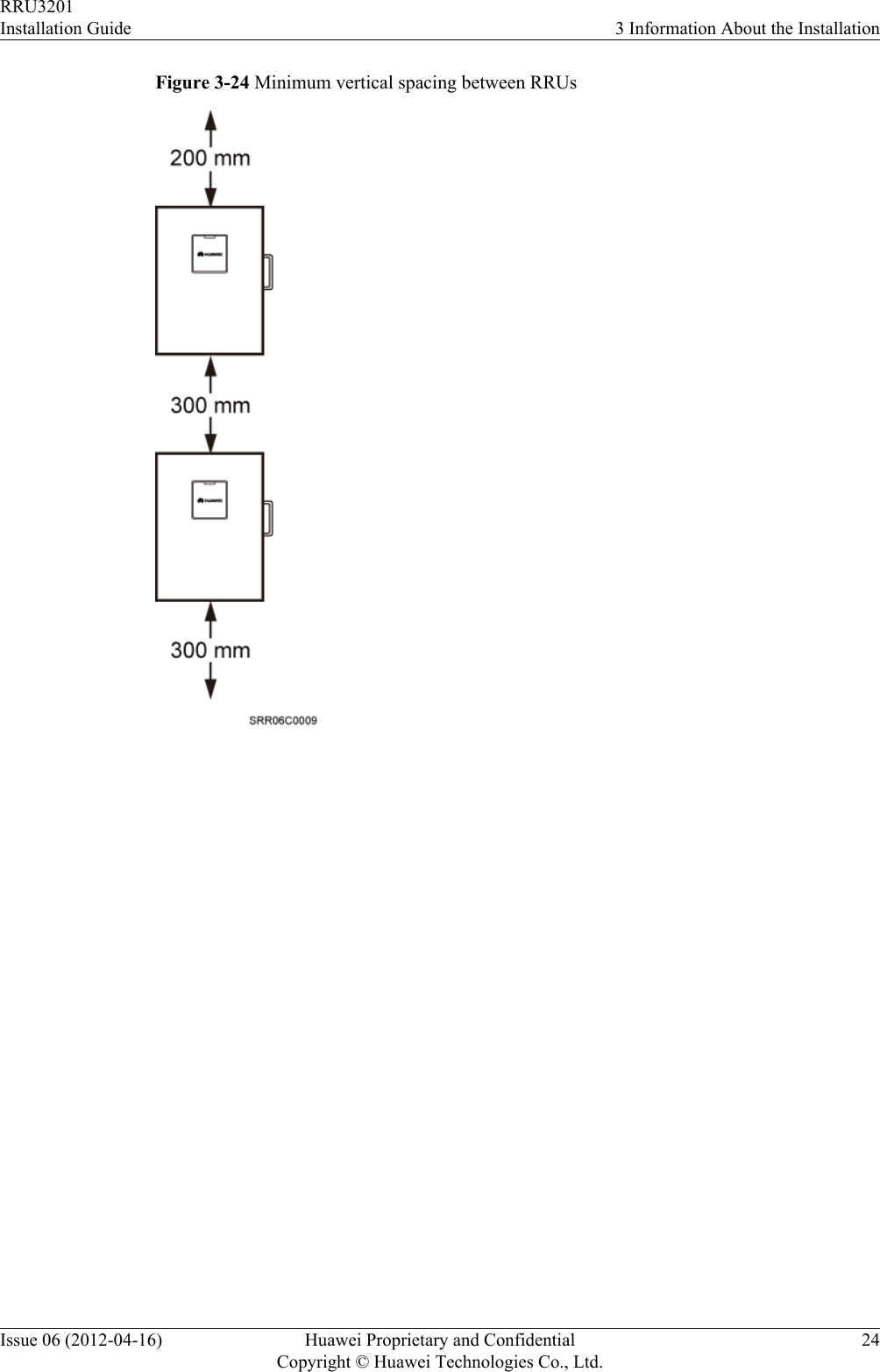 Figure 3-24 Minimum vertical spacing between RRUsRRU3201Installation Guide 3 Information About the InstallationIssue 06 (2012-04-16) Huawei Proprietary and ConfidentialCopyright © Huawei Technologies Co., Ltd.24