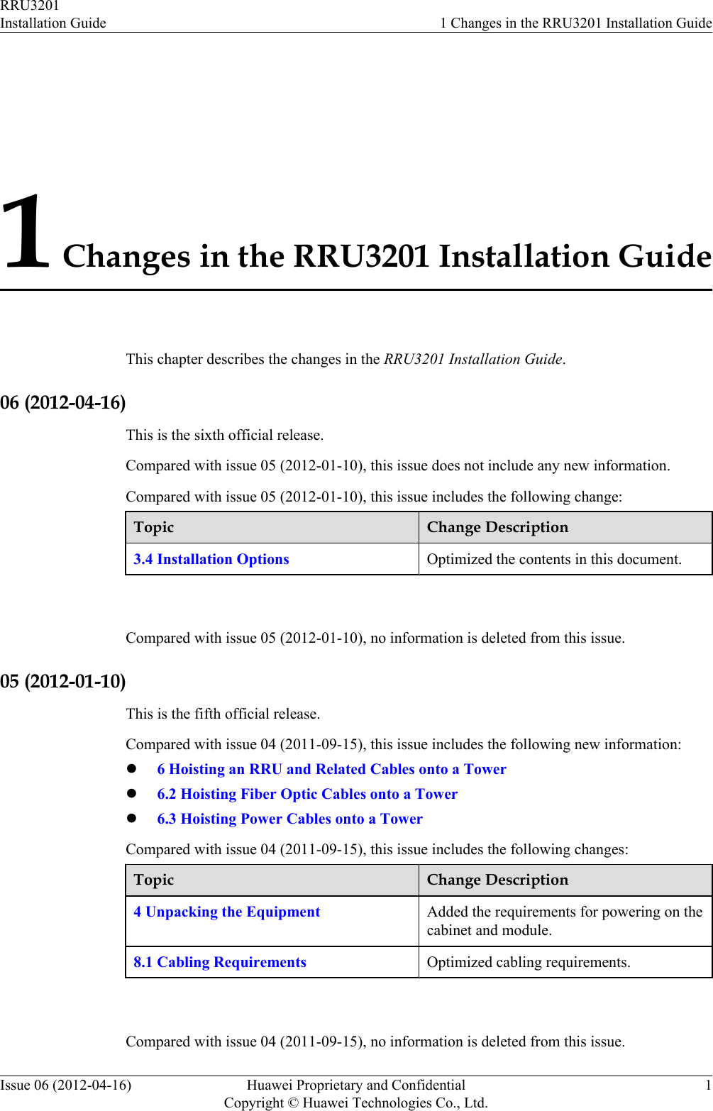 1 Changes in the RRU3201 Installation GuideThis chapter describes the changes in the RRU3201 Installation Guide.06 (2012-04-16)This is the sixth official release.Compared with issue 05 (2012-01-10), this issue does not include any new information.Compared with issue 05 (2012-01-10), this issue includes the following change:Topic Change Description3.4 Installation Options Optimized the contents in this document. Compared with issue 05 (2012-01-10), no information is deleted from this issue.05 (2012-01-10)This is the fifth official release.Compared with issue 04 (2011-09-15), this issue includes the following new information:l6 Hoisting an RRU and Related Cables onto a Towerl6.2 Hoisting Fiber Optic Cables onto a Towerl6.3 Hoisting Power Cables onto a TowerCompared with issue 04 (2011-09-15), this issue includes the following changes:Topic Change Description4 Unpacking the Equipment Added the requirements for powering on thecabinet and module.8.1 Cabling Requirements Optimized cabling requirements. Compared with issue 04 (2011-09-15), no information is deleted from this issue.RRU3201Installation Guide 1 Changes in the RRU3201 Installation GuideIssue 06 (2012-04-16) Huawei Proprietary and ConfidentialCopyright © Huawei Technologies Co., Ltd.1