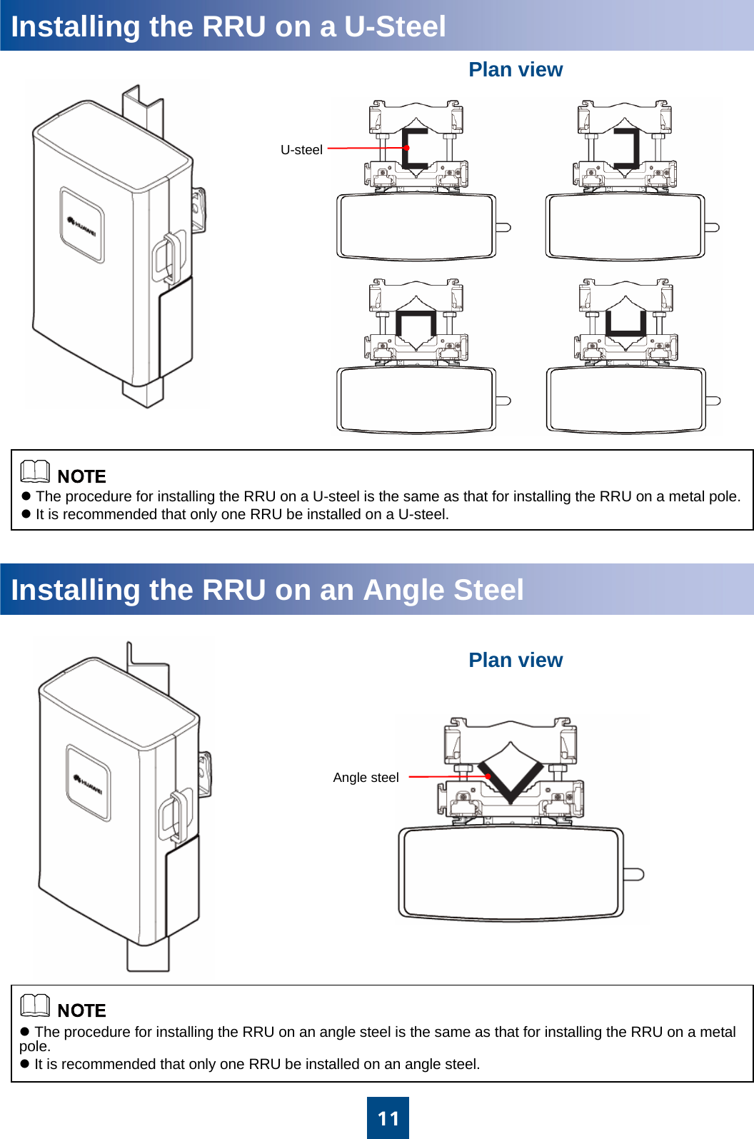 11U-steelInstalling the RRU on a U-SteelPlan viewPlan viewAngle steelzThe procedure for installing the RRU on a U-steel is the same as that for installing the RRU on a metal pole.zIt is recommended that only one RRU be installed on a U-steel.zThe procedure for installing the RRU on an angle steel is the same as that for installing the RRU on a metal pole.zIt is recommended that only one RRU be installed on an angle steel.Installing the RRU on an Angle Steel