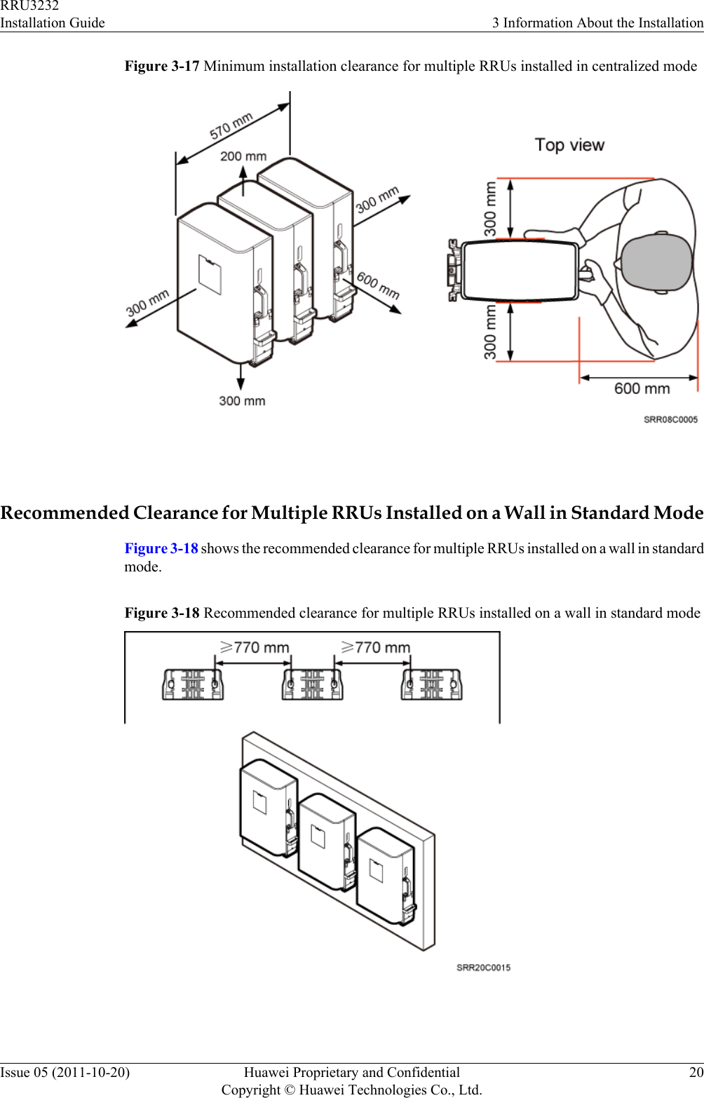 Figure 3-17 Minimum installation clearance for multiple RRUs installed in centralized mode Recommended Clearance for Multiple RRUs Installed on a Wall in Standard ModeFigure 3-18 shows the recommended clearance for multiple RRUs installed on a wall in standardmode.Figure 3-18 Recommended clearance for multiple RRUs installed on a wall in standard mode RRU3232Installation Guide 3 Information About the InstallationIssue 05 (2011-10-20) Huawei Proprietary and ConfidentialCopyright © Huawei Technologies Co., Ltd.20