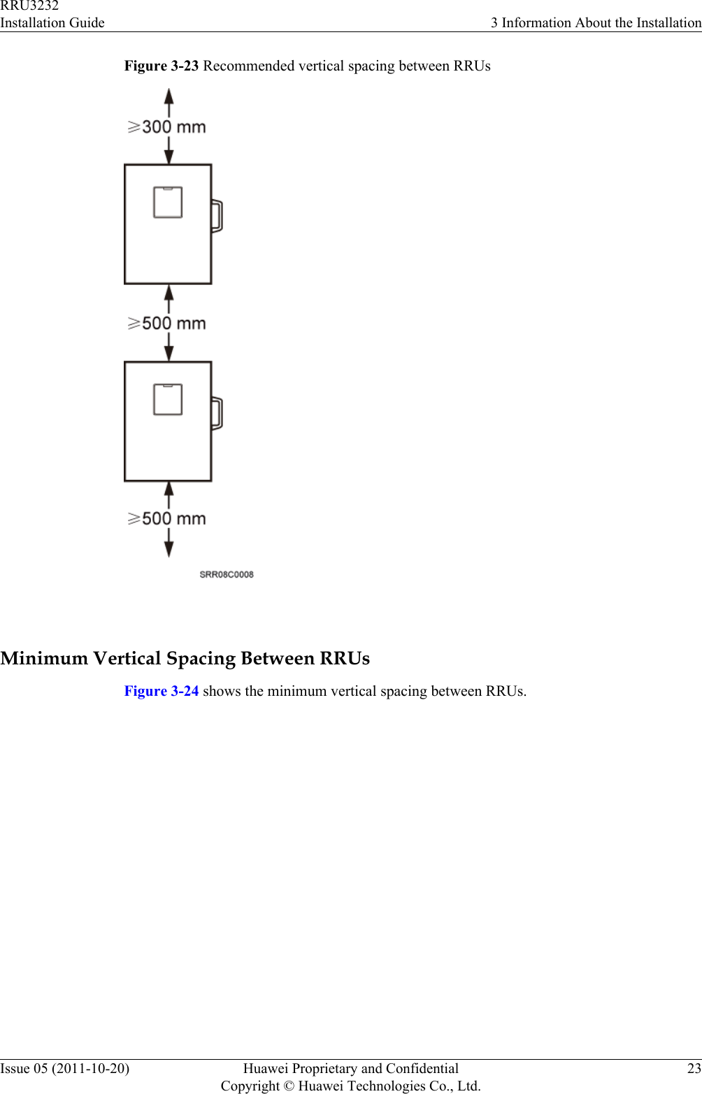 Figure 3-23 Recommended vertical spacing between RRUs Minimum Vertical Spacing Between RRUsFigure 3-24 shows the minimum vertical spacing between RRUs.RRU3232Installation Guide 3 Information About the InstallationIssue 05 (2011-10-20) Huawei Proprietary and ConfidentialCopyright © Huawei Technologies Co., Ltd.23