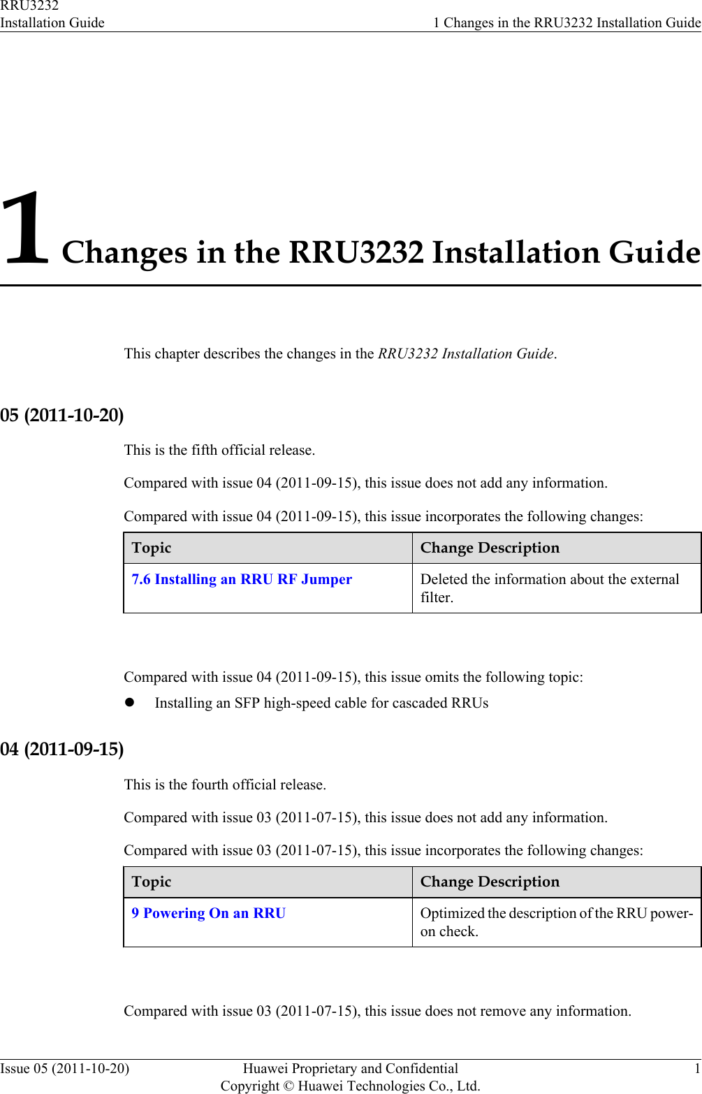 1 Changes in the RRU3232 Installation GuideThis chapter describes the changes in the RRU3232 Installation Guide.05 (2011-10-20)This is the fifth official release.Compared with issue 04 (2011-09-15), this issue does not add any information.Compared with issue 04 (2011-09-15), this issue incorporates the following changes:Topic Change Description7.6 Installing an RRU RF Jumper Deleted the information about the externalfilter. Compared with issue 04 (2011-09-15), this issue omits the following topic:lInstalling an SFP high-speed cable for cascaded RRUs04 (2011-09-15)This is the fourth official release.Compared with issue 03 (2011-07-15), this issue does not add any information.Compared with issue 03 (2011-07-15), this issue incorporates the following changes:Topic Change Description9 Powering On an RRU Optimized the description of the RRU power-on check. Compared with issue 03 (2011-07-15), this issue does not remove any information.RRU3232Installation Guide 1 Changes in the RRU3232 Installation GuideIssue 05 (2011-10-20) Huawei Proprietary and ConfidentialCopyright © Huawei Technologies Co., Ltd.1