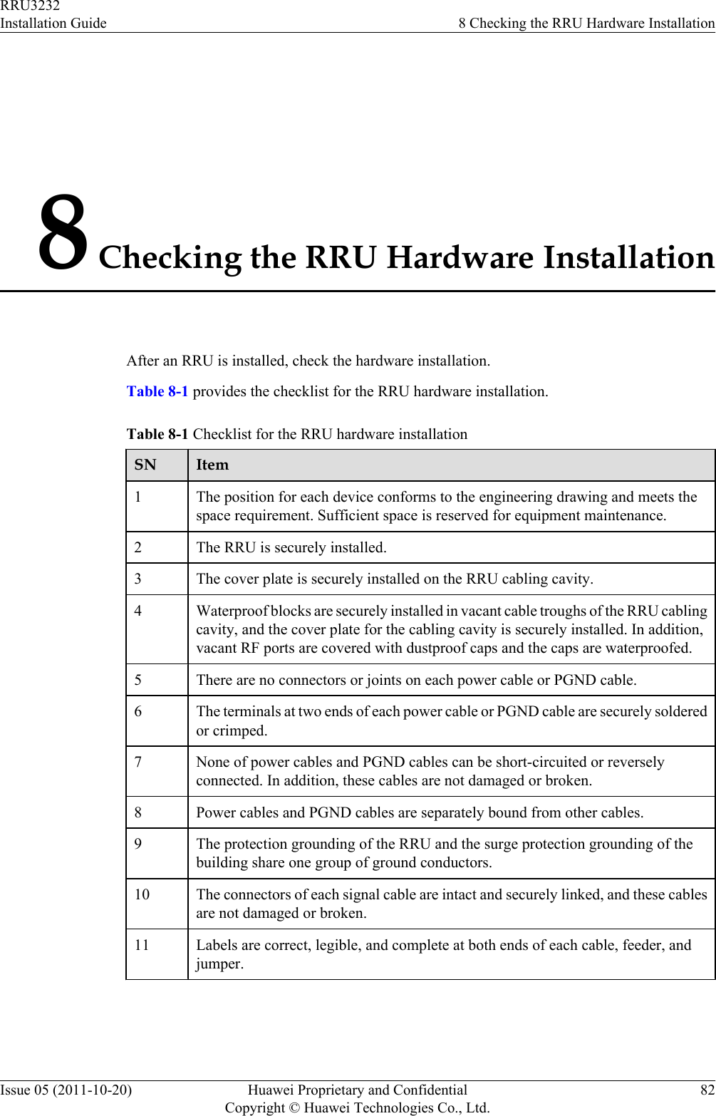 8 Checking the RRU Hardware InstallationAfter an RRU is installed, check the hardware installation.Table 8-1 provides the checklist for the RRU hardware installation.Table 8-1 Checklist for the RRU hardware installationSN Item1The position for each device conforms to the engineering drawing and meets thespace requirement. Sufficient space is reserved for equipment maintenance.2 The RRU is securely installed.3 The cover plate is securely installed on the RRU cabling cavity.4 Waterproof blocks are securely installed in vacant cable troughs of the RRU cablingcavity, and the cover plate for the cabling cavity is securely installed. In addition,vacant RF ports are covered with dustproof caps and the caps are waterproofed.5 There are no connectors or joints on each power cable or PGND cable.6 The terminals at two ends of each power cable or PGND cable are securely solderedor crimped.7 None of power cables and PGND cables can be short-circuited or reverselyconnected. In addition, these cables are not damaged or broken.8 Power cables and PGND cables are separately bound from other cables.9 The protection grounding of the RRU and the surge protection grounding of thebuilding share one group of ground conductors.10 The connectors of each signal cable are intact and securely linked, and these cablesare not damaged or broken.11 Labels are correct, legible, and complete at both ends of each cable, feeder, andjumper.RRU3232Installation Guide 8 Checking the RRU Hardware InstallationIssue 05 (2011-10-20) Huawei Proprietary and ConfidentialCopyright © Huawei Technologies Co., Ltd.82