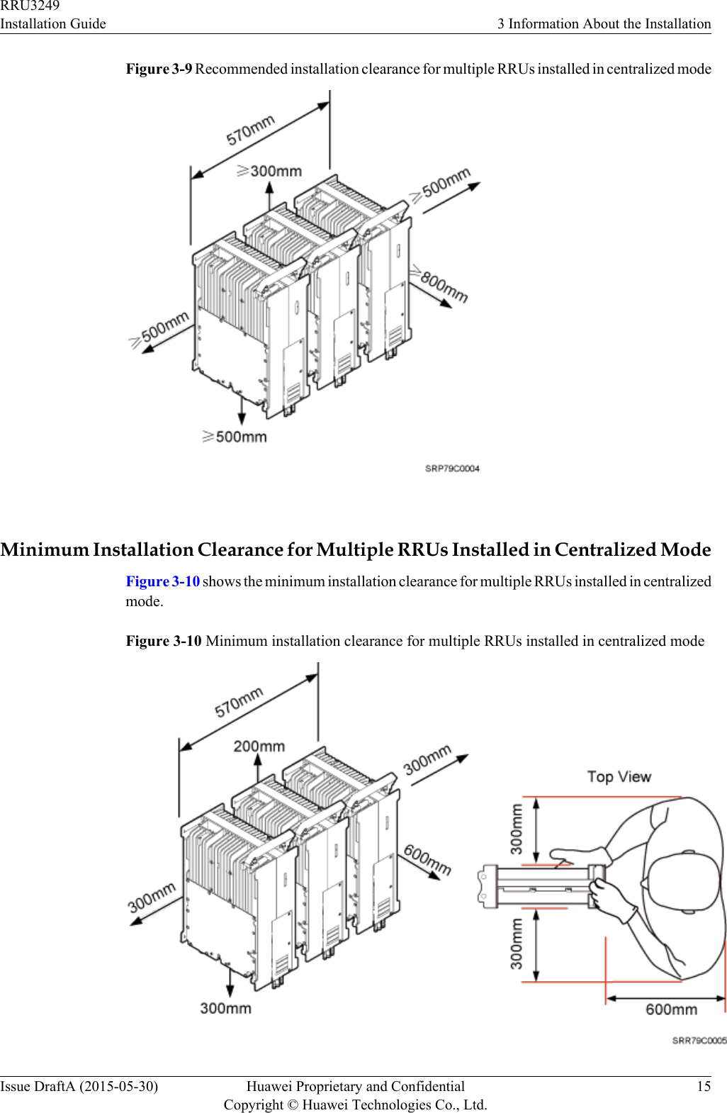 Figure 3-9 Recommended installation clearance for multiple RRUs installed in centralized mode Minimum Installation Clearance for Multiple RRUs Installed in Centralized ModeFigure 3-10 shows the minimum installation clearance for multiple RRUs installed in centralizedmode.Figure 3-10 Minimum installation clearance for multiple RRUs installed in centralized modeRRU3249Installation Guide 3 Information About the InstallationIssue DraftA (2015-05-30) Huawei Proprietary and ConfidentialCopyright © Huawei Technologies Co., Ltd.15