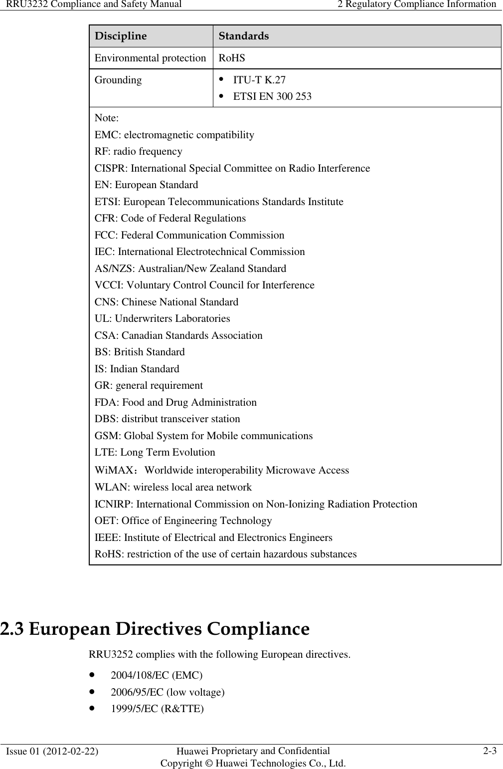 RRU3232 Compliance and Safety Manual  2 Regulatory Compliance Information  Issue 01 (2012-02-22)  Huawei Proprietary and Confidential           Copyright © Huawei Technologies Co., Ltd. 2-3  Discipline  Standards Environmental protection RoHS Grounding  ITU-T K.27  ETSI EN 300 253 Note: EMC: electromagnetic compatibility RF: radio frequency CISPR: International Special Committee on Radio Interference EN: European Standard ETSI: European Telecommunications Standards Institute CFR: Code of Federal Regulations FCC: Federal Communication Commission IEC: International Electrotechnical Commission AS/NZS: Australian/New Zealand Standard VCCI: Voluntary Control Council for Interference CNS: Chinese National Standard UL: Underwriters Laboratories CSA: Canadian Standards Association BS: British Standard IS: Indian Standard GR: general requirement FDA: Food and Drug Administration DBS: distribut transceiver station GSM: Global System for Mobile communications LTE: Long Term Evolution WiMAX：Worldwide interoperability Microwave Access WLAN: wireless local area network ICNIRP: International Commission on Non-Ionizing Radiation Protection OET: Office of Engineering Technology IEEE: Institute of Electrical and Electronics Engineers RoHS: restriction of the use of certain hazardous substances  2.3 European Directives Compliance RRU3252 complies with the following European directives.    2004/108/EC (EMC)  2006/95/EC (low voltage)  1999/5/EC (R&amp;TTE) 