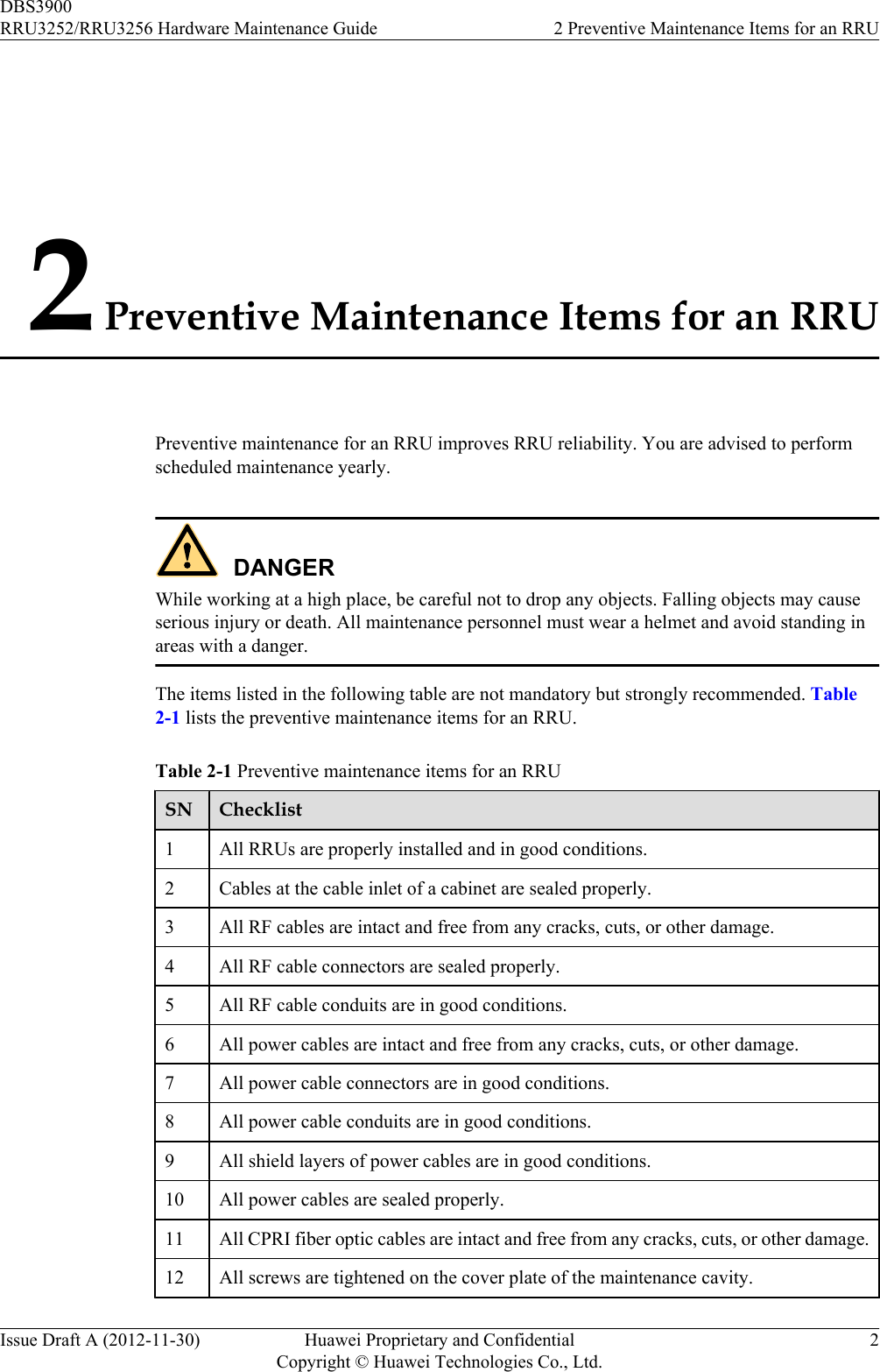 2 Preventive Maintenance Items for an RRUPreventive maintenance for an RRU improves RRU reliability. You are advised to performscheduled maintenance yearly.DANGERWhile working at a high place, be careful not to drop any objects. Falling objects may causeserious injury or death. All maintenance personnel must wear a helmet and avoid standing inareas with a danger.The items listed in the following table are not mandatory but strongly recommended. Table2-1 lists the preventive maintenance items for an RRU.Table 2-1 Preventive maintenance items for an RRUSN Checklist1All RRUs are properly installed and in good conditions.2 Cables at the cable inlet of a cabinet are sealed properly.3 All RF cables are intact and free from any cracks, cuts, or other damage.4 All RF cable connectors are sealed properly.5 All RF cable conduits are in good conditions.6 All power cables are intact and free from any cracks, cuts, or other damage.7 All power cable connectors are in good conditions.8 All power cable conduits are in good conditions.9 All shield layers of power cables are in good conditions.10 All power cables are sealed properly.11 All CPRI fiber optic cables are intact and free from any cracks, cuts, or other damage.12 All screws are tightened on the cover plate of the maintenance cavity.DBS3900RRU3252/RRU3256 Hardware Maintenance Guide 2 Preventive Maintenance Items for an RRUIssue Draft A (2012-11-30) Huawei Proprietary and ConfidentialCopyright © Huawei Technologies Co., Ltd.2