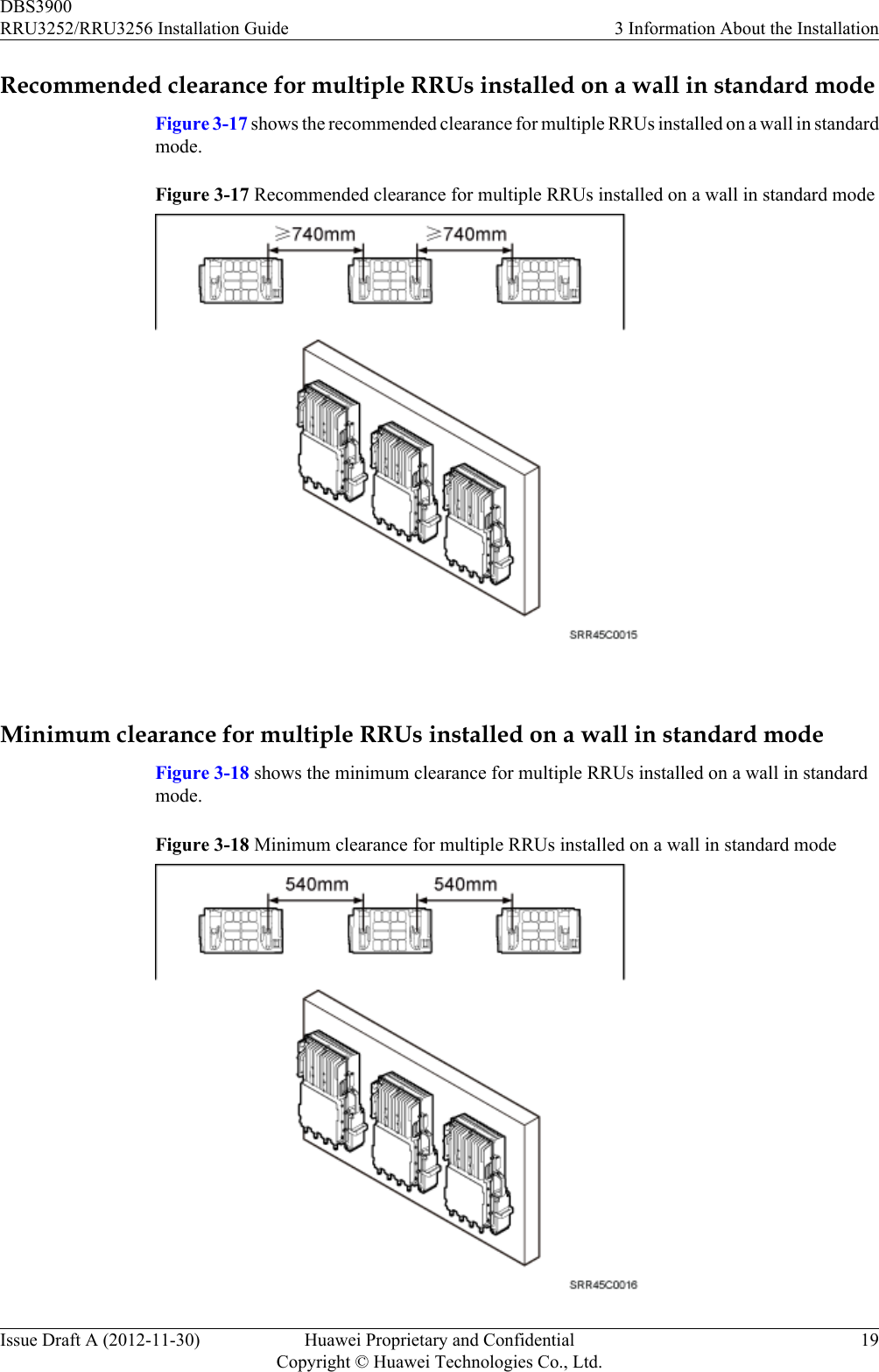 Recommended clearance for multiple RRUs installed on a wall in standard modeFigure 3-17 shows the recommended clearance for multiple RRUs installed on a wall in standardmode.Figure 3-17 Recommended clearance for multiple RRUs installed on a wall in standard mode Minimum clearance for multiple RRUs installed on a wall in standard modeFigure 3-18 shows the minimum clearance for multiple RRUs installed on a wall in standardmode.Figure 3-18 Minimum clearance for multiple RRUs installed on a wall in standard modeDBS3900RRU3252/RRU3256 Installation Guide 3 Information About the InstallationIssue Draft A (2012-11-30) Huawei Proprietary and ConfidentialCopyright © Huawei Technologies Co., Ltd.19