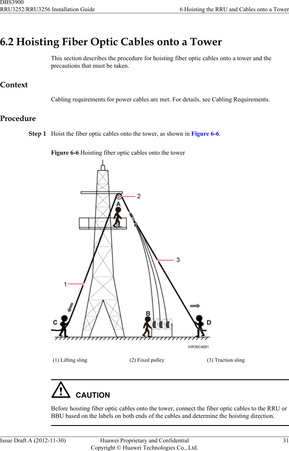 6.2 Hoisting Fiber Optic Cables onto a TowerThis section describes the procedure for hoisting fiber optic cables onto a tower and theprecautions that must be taken.ContextCabling requirements for power cables are met. For details, see Cabling Requirements.ProcedureStep 1 Hoist the fiber optic cables onto the tower, as shown in Figure 6-6.Figure 6-6 Hoisting fiber optic cables onto the tower(1) Lifting sling (2) Fixed pulley (3) Traction slingCAUTIONBefore hoisting fiber optic cables onto the tower, connect the fiber optic cables to the RRU orBBU based on the labels on both ends of the cables and determine the hoisting direction.DBS3900RRU3252/RRU3256 Installation Guide 6 Hoisting the RRU and Cables onto a TowerIssue Draft A (2012-11-30) Huawei Proprietary and ConfidentialCopyright © Huawei Technologies Co., Ltd.31