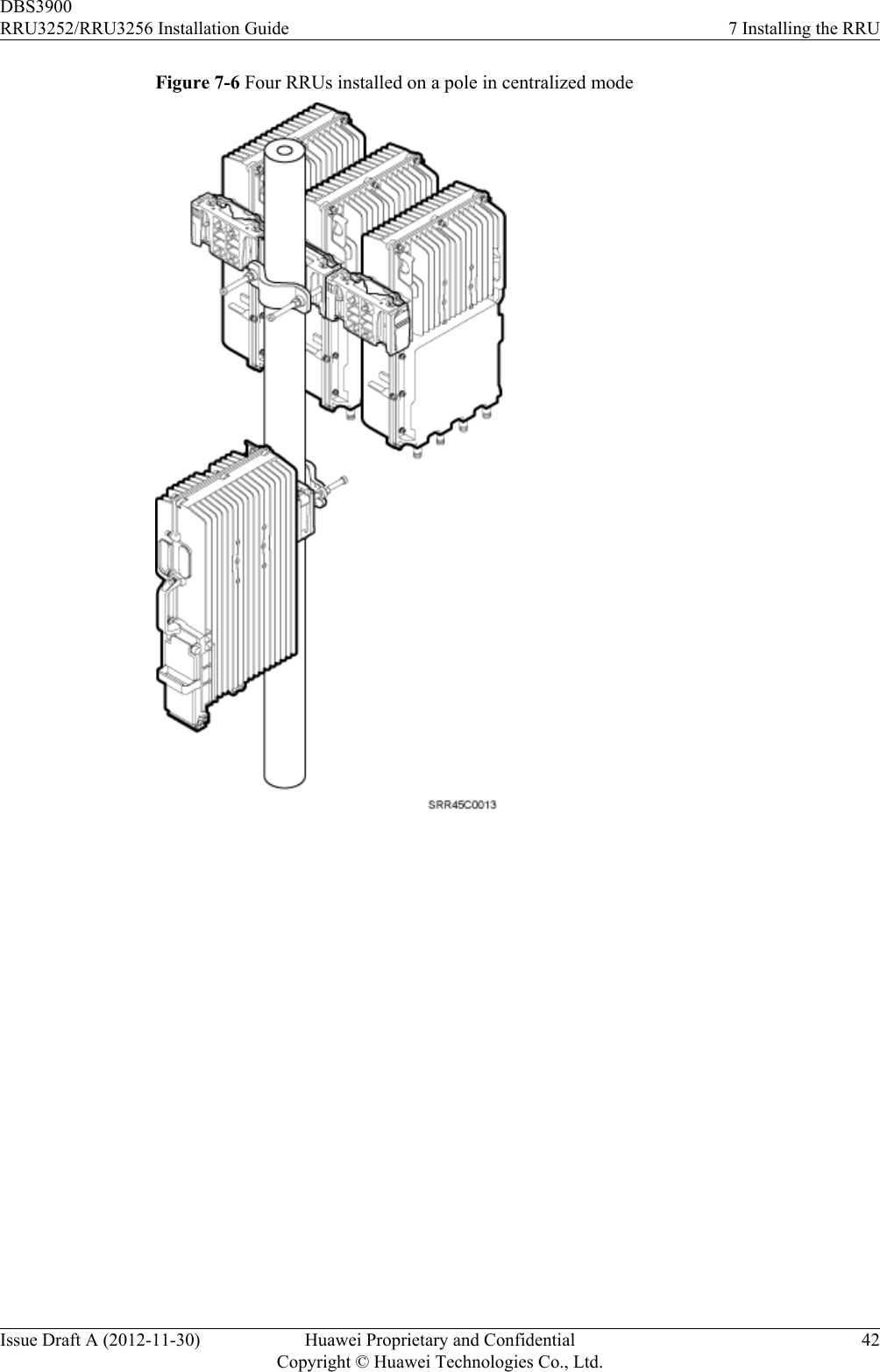 Figure 7-6 Four RRUs installed on a pole in centralized mode DBS3900RRU3252/RRU3256 Installation Guide 7 Installing the RRUIssue Draft A (2012-11-30) Huawei Proprietary and ConfidentialCopyright © Huawei Technologies Co., Ltd.42