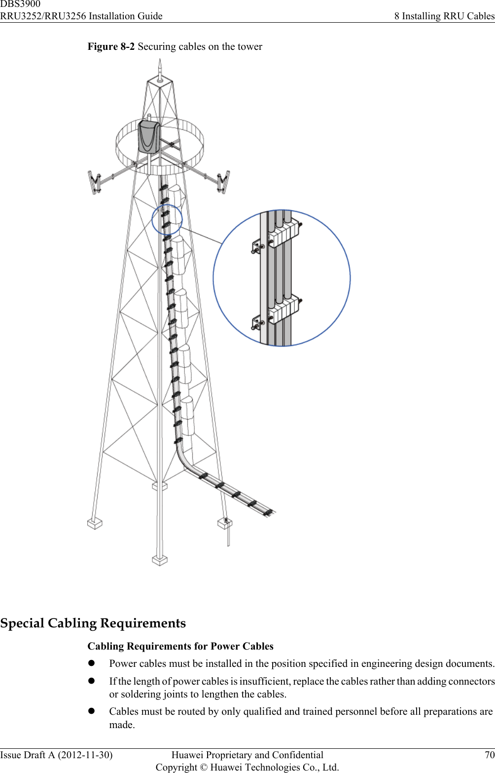 Figure 8-2 Securing cables on the tower Special Cabling RequirementsCabling Requirements for Power CableslPower cables must be installed in the position specified in engineering design documents.lIf the length of power cables is insufficient, replace the cables rather than adding connectorsor soldering joints to lengthen the cables.lCables must be routed by only qualified and trained personnel before all preparations aremade.DBS3900RRU3252/RRU3256 Installation Guide 8 Installing RRU CablesIssue Draft A (2012-11-30) Huawei Proprietary and ConfidentialCopyright © Huawei Technologies Co., Ltd.70