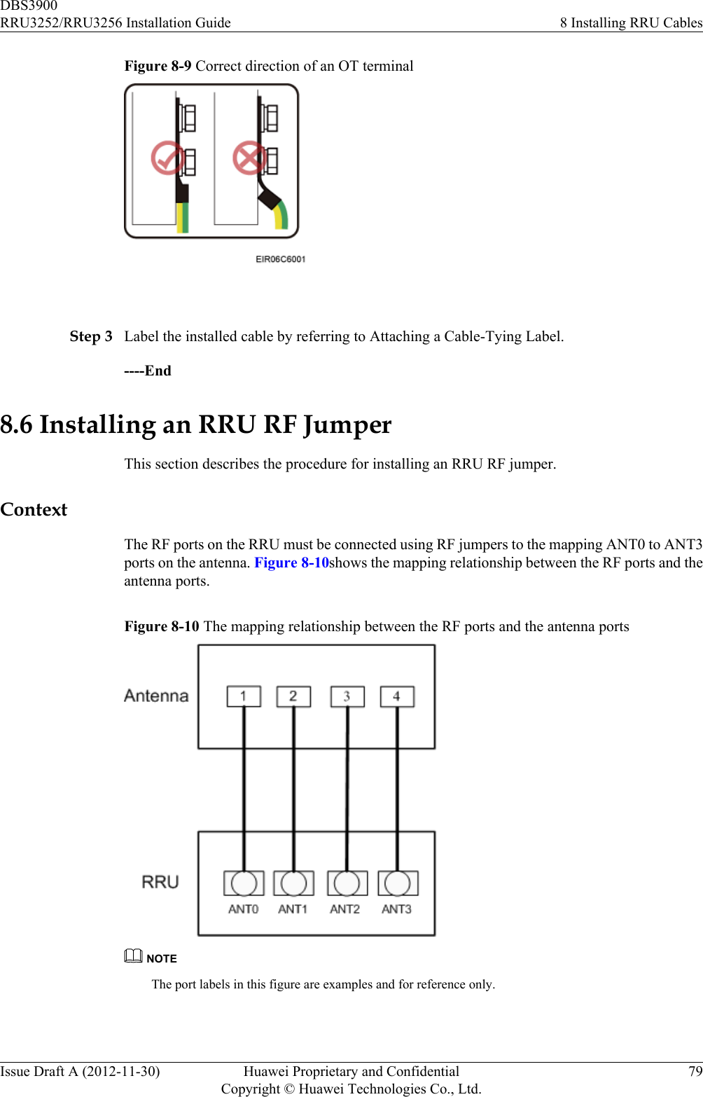 Figure 8-9 Correct direction of an OT terminal Step 3 Label the installed cable by referring to Attaching a Cable-Tying Label.----End8.6 Installing an RRU RF JumperThis section describes the procedure for installing an RRU RF jumper.ContextThe RF ports on the RRU must be connected using RF jumpers to the mapping ANT0 to ANT3ports on the antenna. Figure 8-10shows the mapping relationship between the RF ports and theantenna ports.Figure 8-10 The mapping relationship between the RF ports and the antenna portsNOTEThe port labels in this figure are examples and for reference only. DBS3900RRU3252/RRU3256 Installation Guide 8 Installing RRU CablesIssue Draft A (2012-11-30) Huawei Proprietary and ConfidentialCopyright © Huawei Technologies Co., Ltd.79