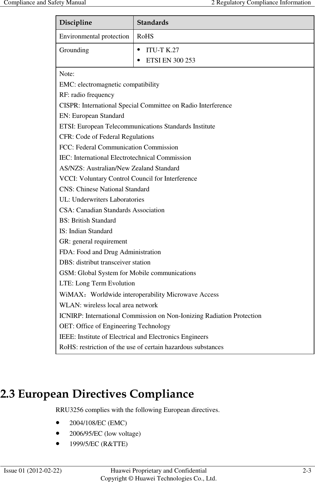 Compliance and Safety Manual 2 Regulatory Compliance Information  Issue 01 (2012-02-22) Huawei Proprietary and Confidential           Copyright © Huawei Technologies Co., Ltd. 2-3  Discipline Standards Environmental protection RoHS Grounding  ITU-T K.27  ETSI EN 300 253 Note: EMC: electromagnetic compatibility RF: radio frequency CISPR: International Special Committee on Radio Interference EN: European Standard ETSI: European Telecommunications Standards Institute CFR: Code of Federal Regulations FCC: Federal Communication Commission IEC: International Electrotechnical Commission AS/NZS: Australian/New Zealand Standard VCCI: Voluntary Control Council for Interference CNS: Chinese National Standard UL: Underwriters Laboratories CSA: Canadian Standards Association BS: British Standard IS: Indian Standard GR: general requirement FDA: Food and Drug Administration DBS: distribut transceiver station GSM: Global System for Mobile communications LTE: Long Term Evolution WiMAX：Worldwide interoperability Microwave Access WLAN: wireless local area network ICNIRP: International Commission on Non-Ionizing Radiation Protection OET: Office of Engineering Technology IEEE: Institute of Electrical and Electronics Engineers RoHS: restriction of the use of certain hazardous substances  2.3 European Directives Compliance RRU3256 complies with the following European directives.    2004/108/EC (EMC)  2006/95/EC (low voltage)  1999/5/EC (R&amp;TTE) 